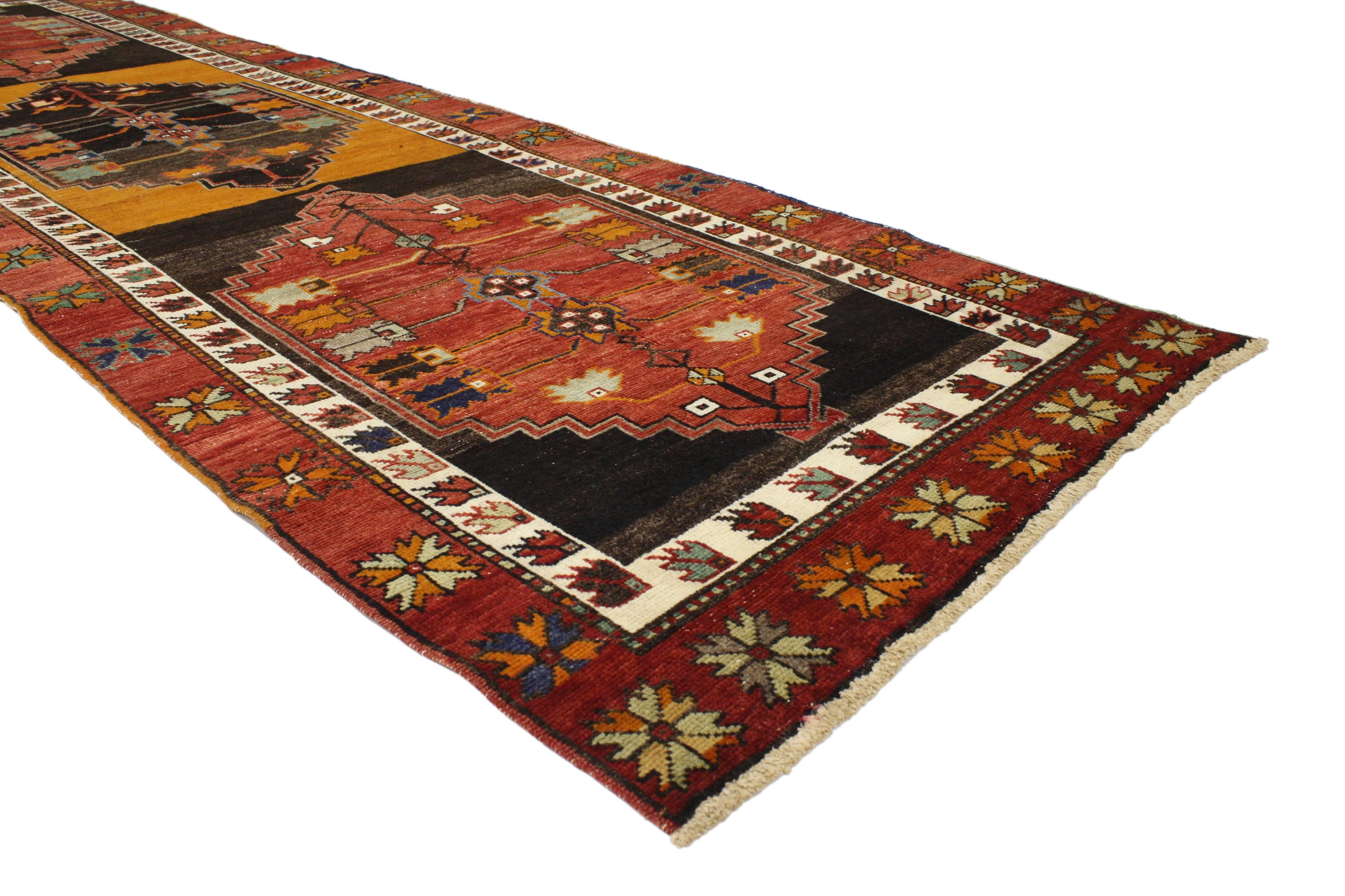 Hand-Knotted Vintage Turkish Oushak Runner with Mid-Century Modern Tribal Style For Sale
