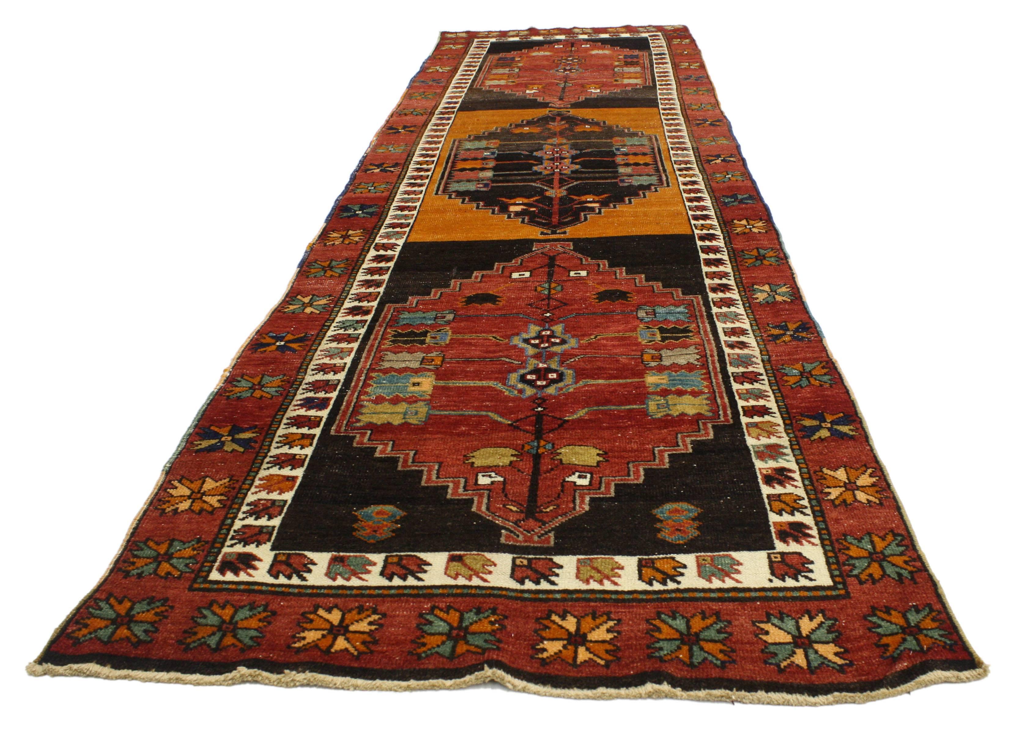 Vintage Turkish Oushak Runner with Mid-Century Modern Tribal Style In Good Condition For Sale In Dallas, TX