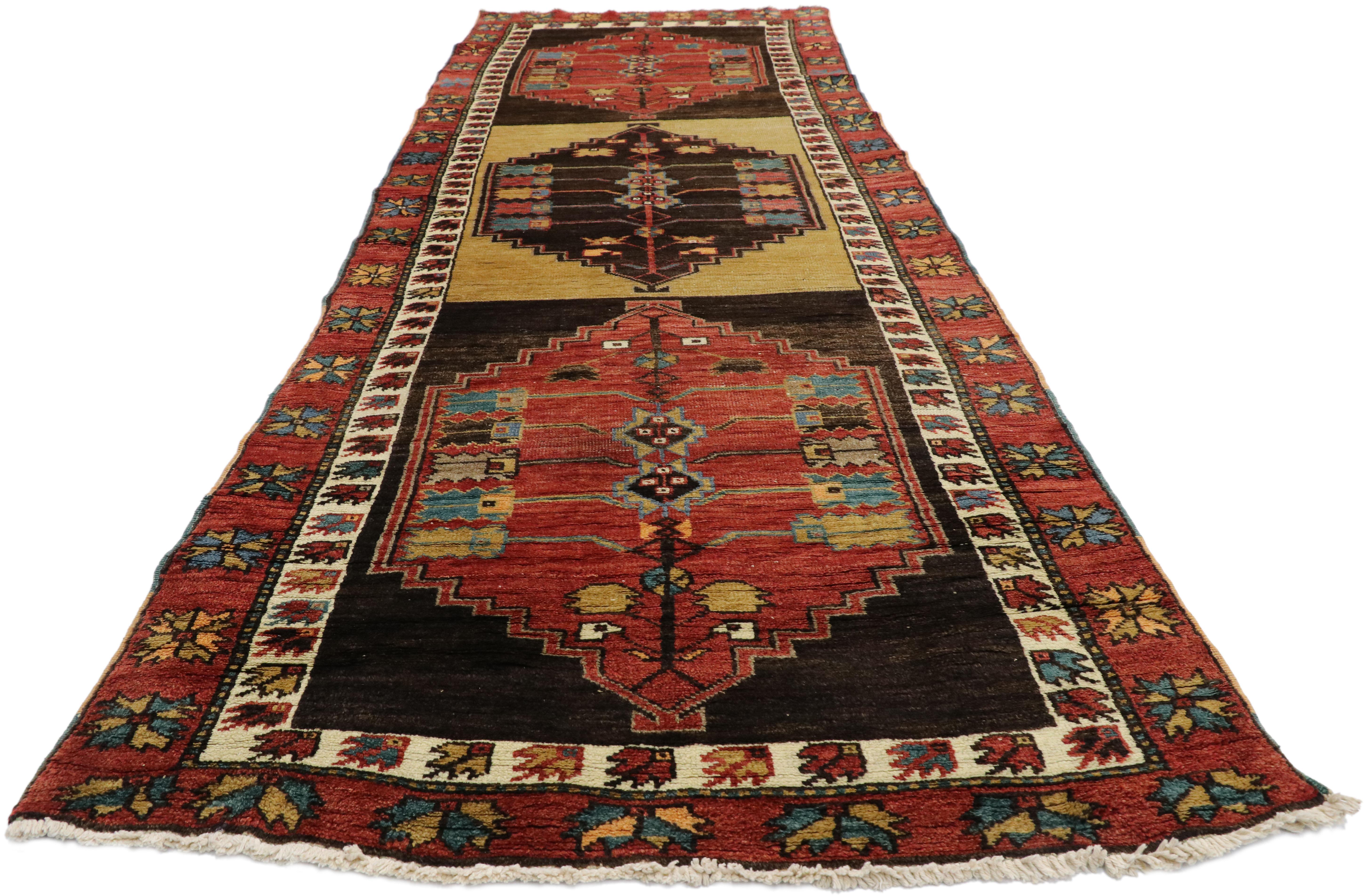 Vintage Turkish Oushak Runner with Mid-Century Modern Tribal Style In Good Condition For Sale In Dallas, TX