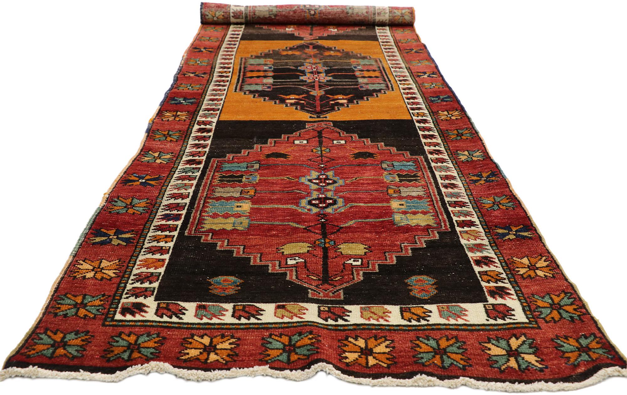20th Century Vintage Turkish Oushak Runner with Mid-Century Modern Tribal Style For Sale