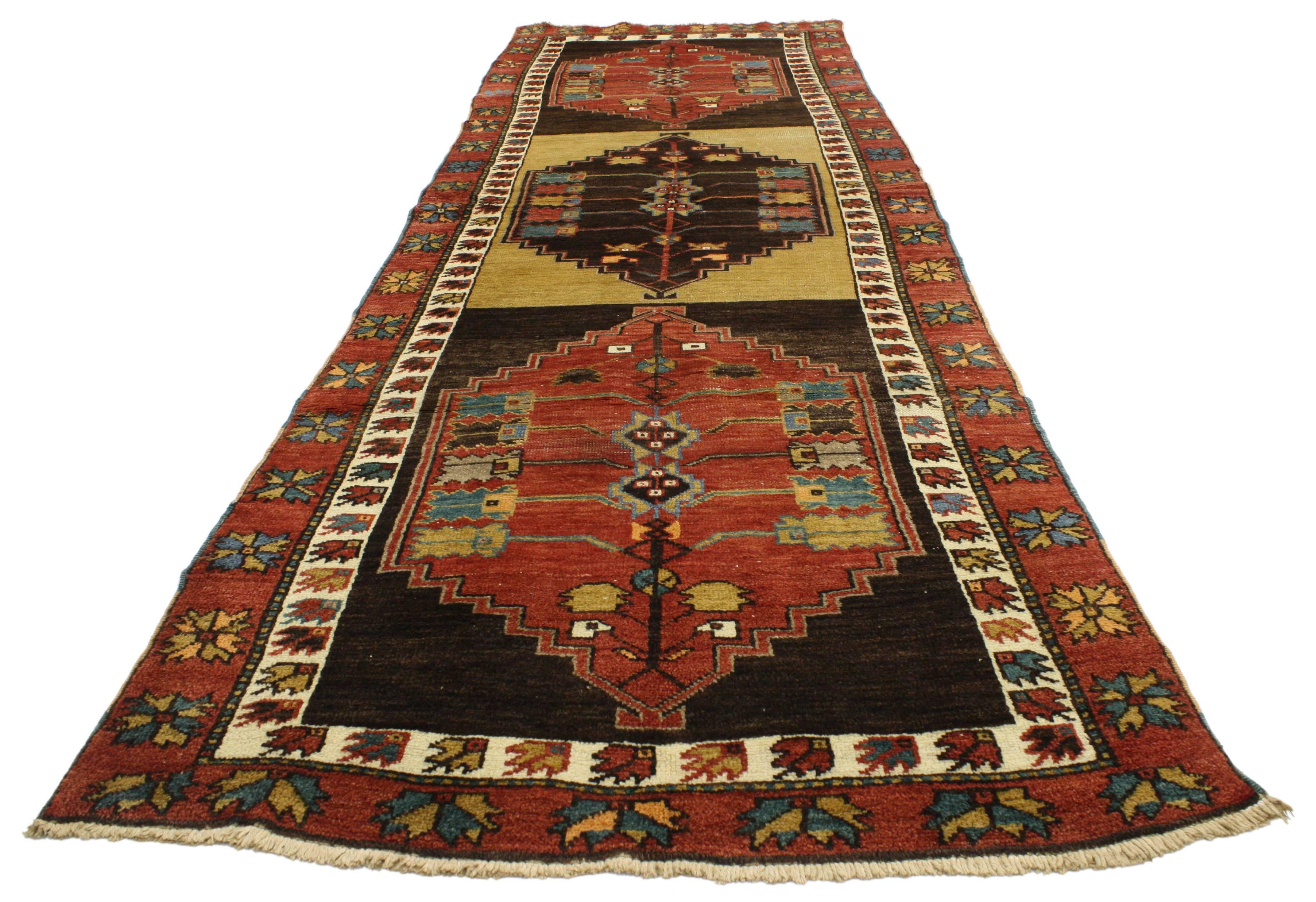 20th Century Vintage Turkish Oushak Runner with Mid-Century Modern Tribal Style For Sale