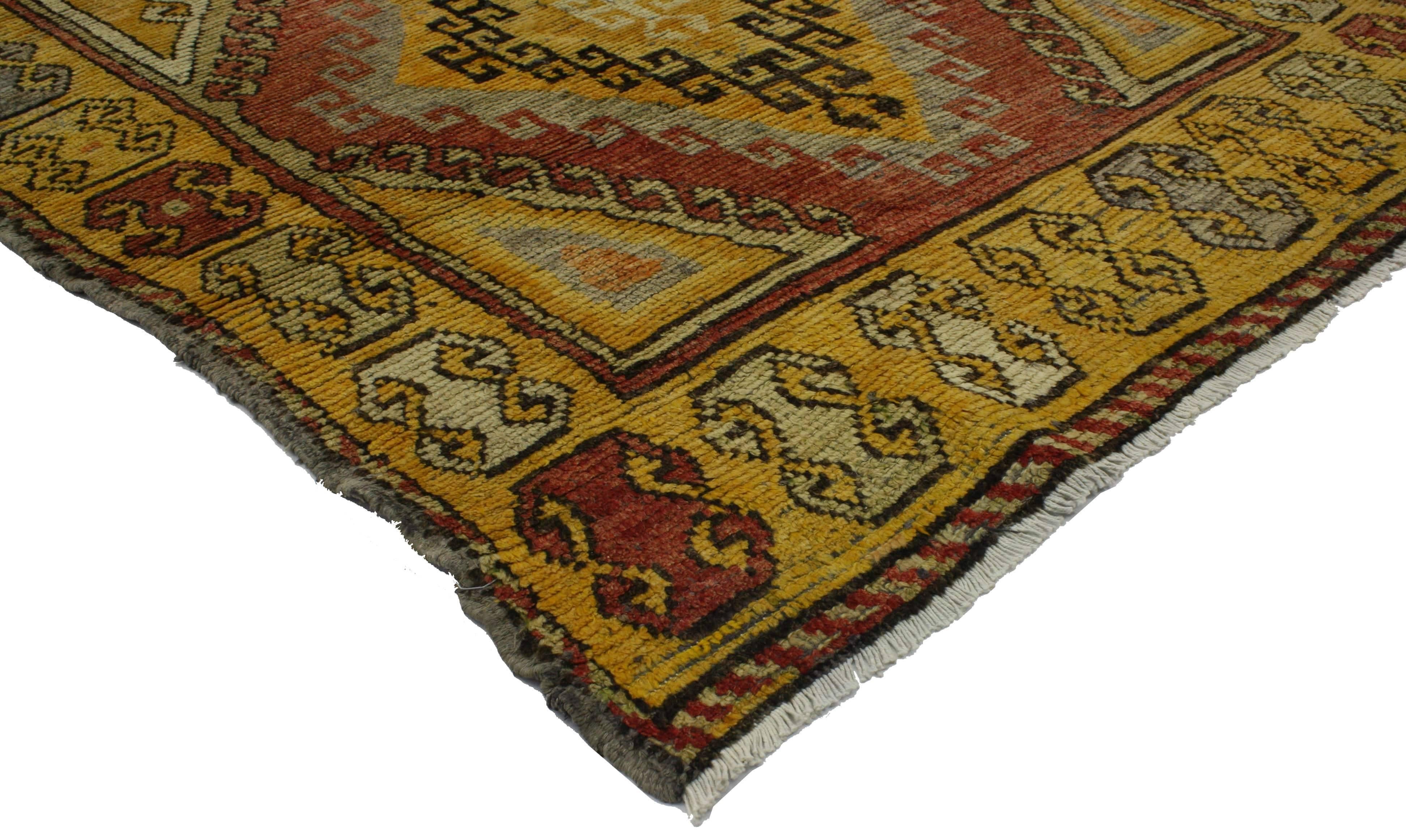 Wool Vintage Turkish Oushak Runner with Mid-Century Modern Tribal Style For Sale