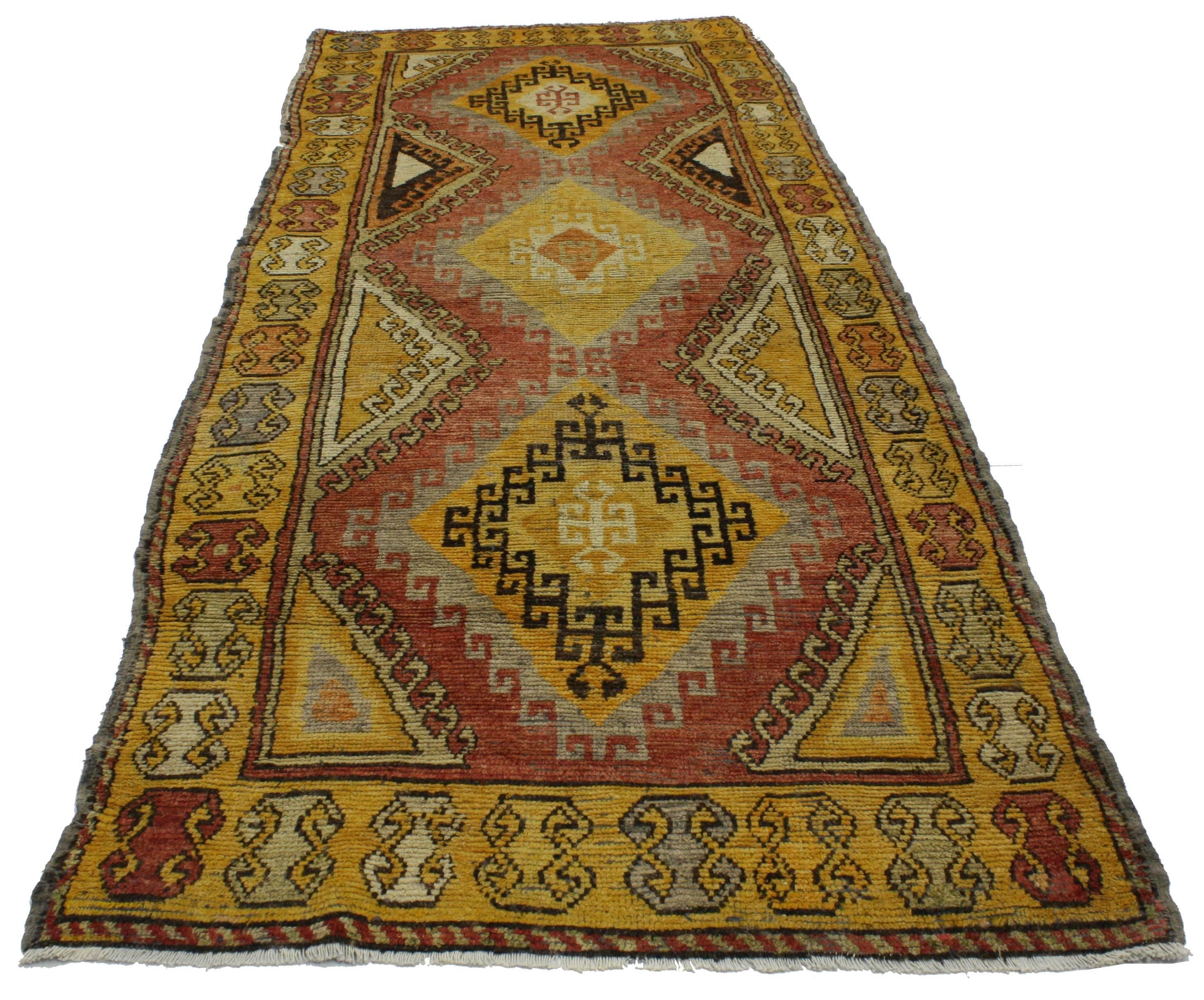Vintage Turkish Oushak Runner with Mid-Century Modern Tribal Style For Sale 1