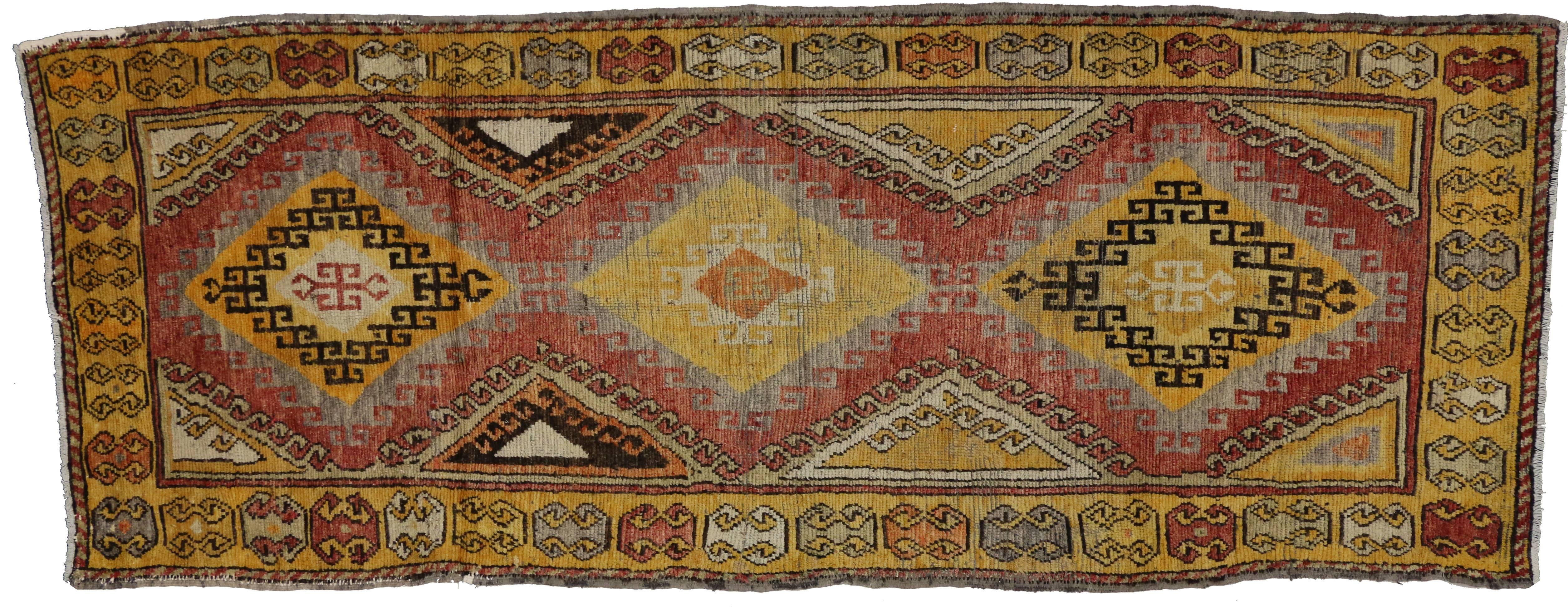 Vintage Turkish Oushak Runner with Mid-Century Modern Tribal Style For Sale 2