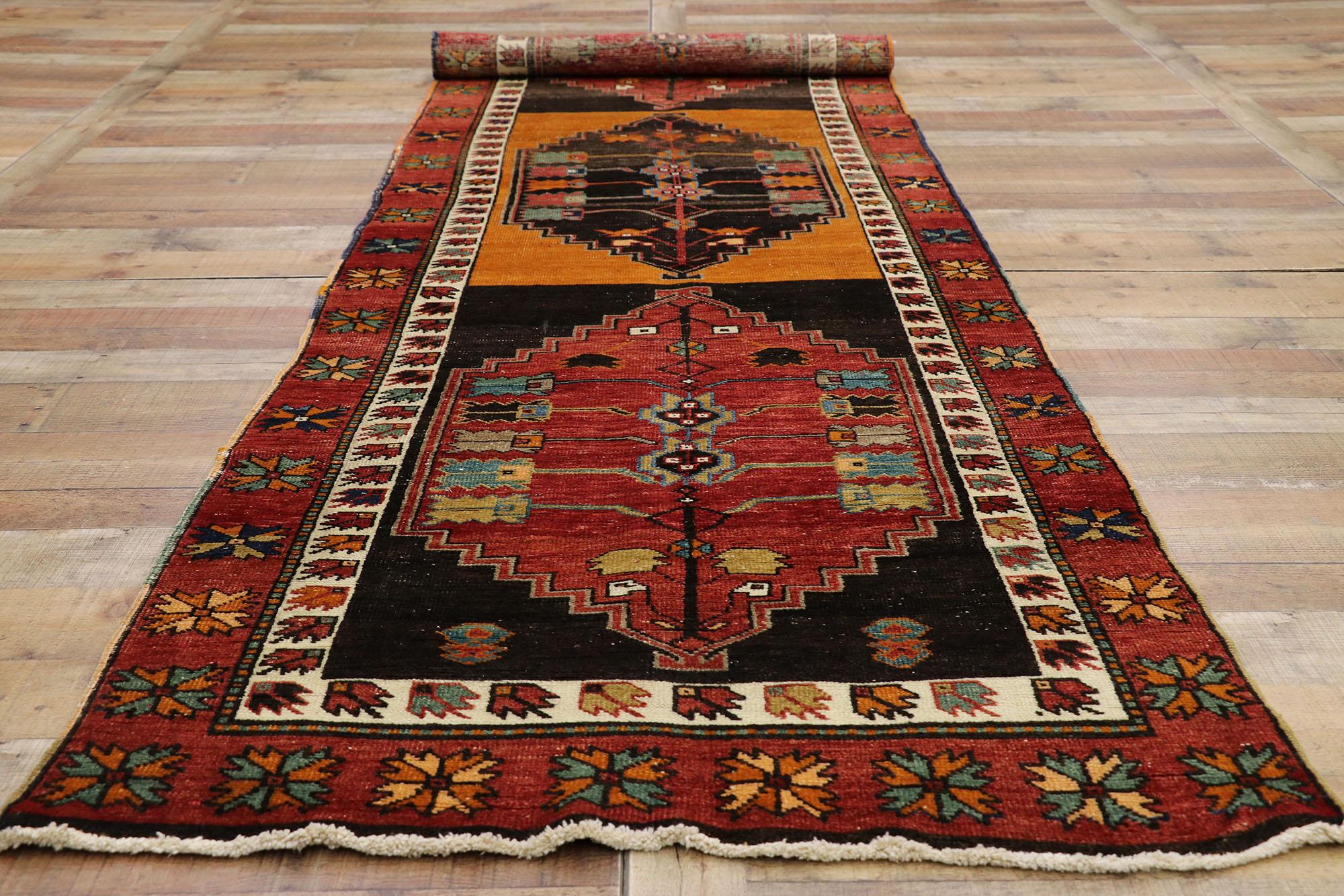 Vintage Turkish Oushak Runner with Mid-Century Modern Tribal Style For Sale 3