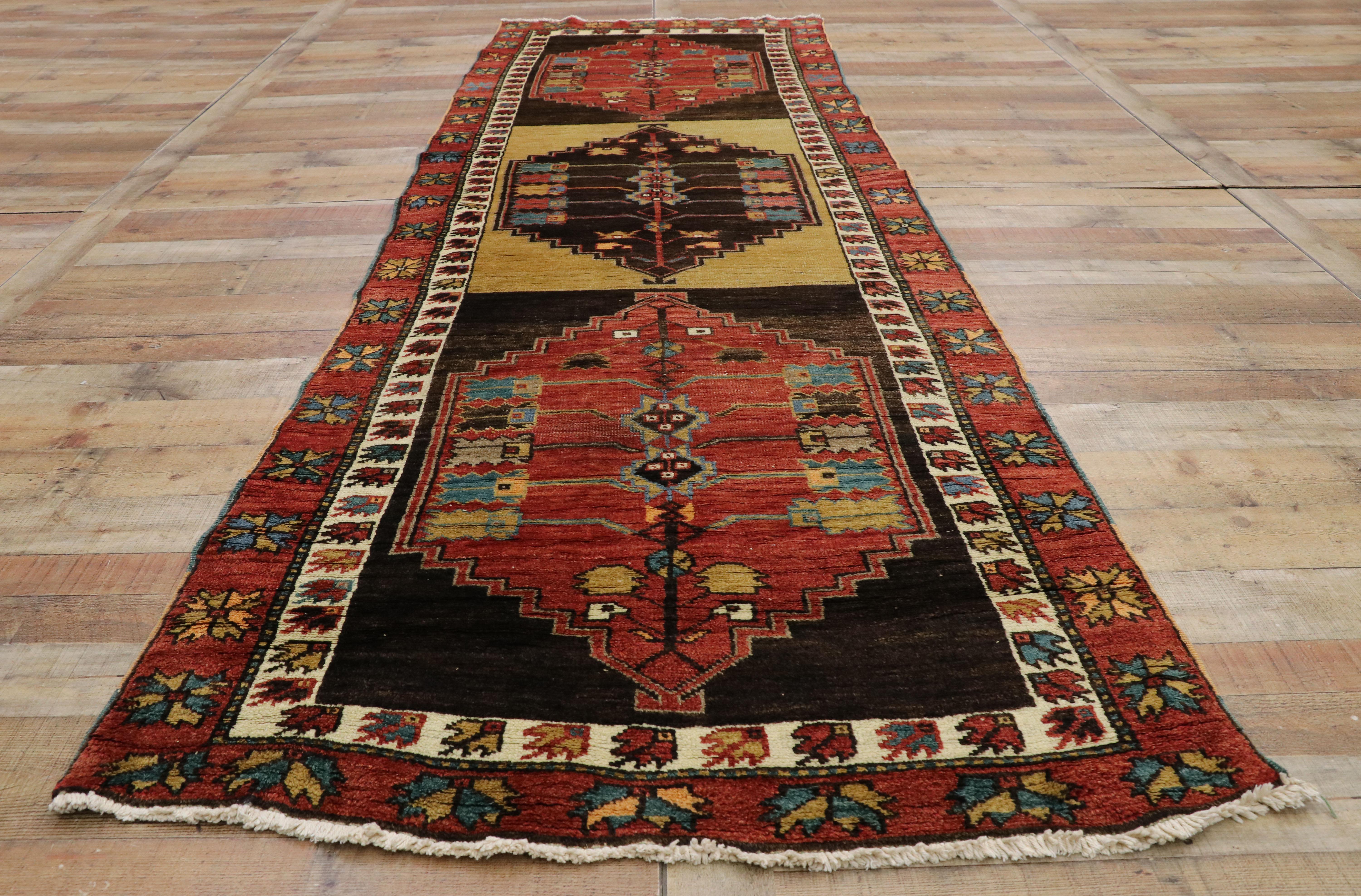 Vintage Turkish Oushak Runner with Mid-Century Modern Tribal Style For Sale 3