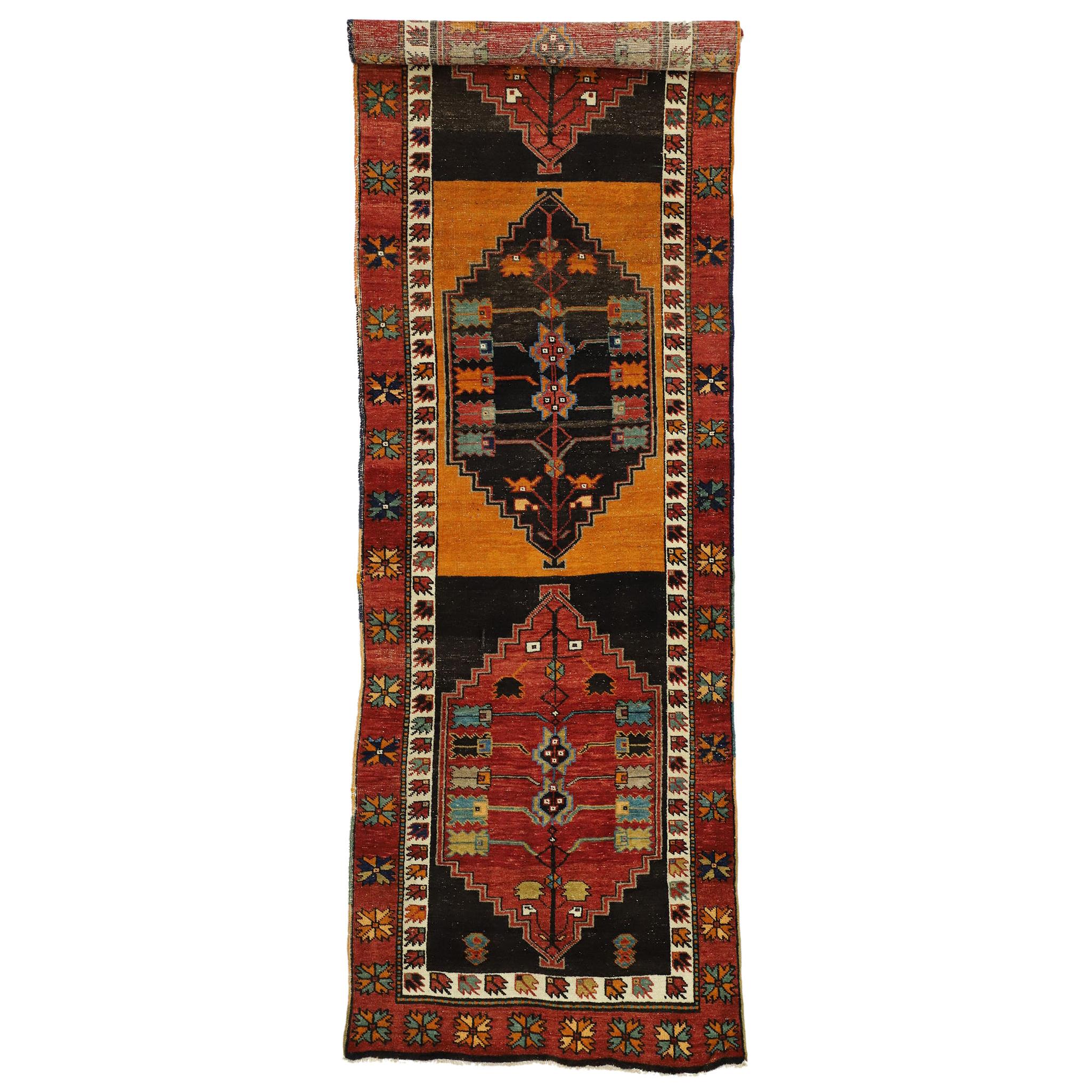 Vintage Turkish Oushak Runner with Mid-Century Modern Tribal Style