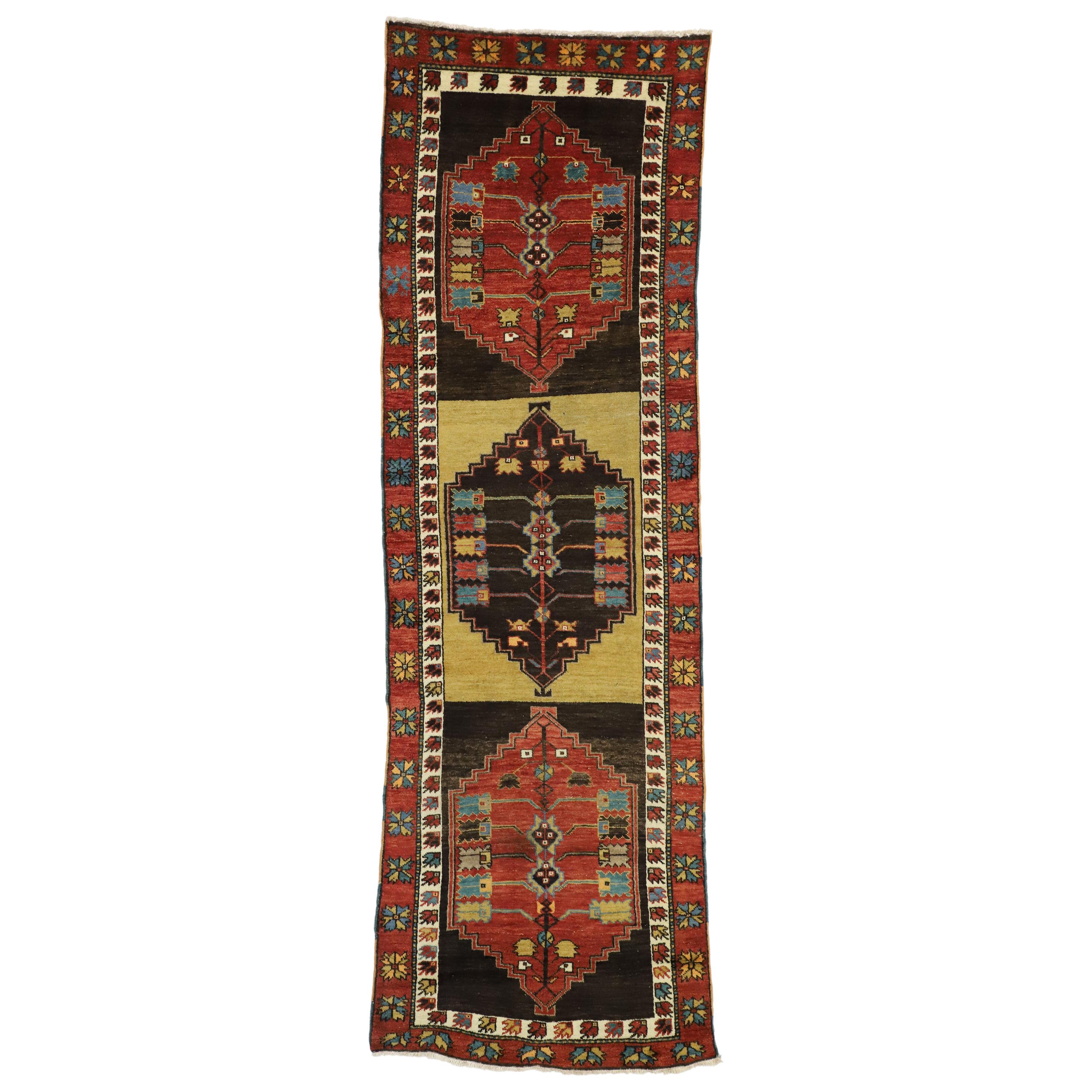 Vintage Turkish Oushak Runner with Mid-Century Modern Tribal Style