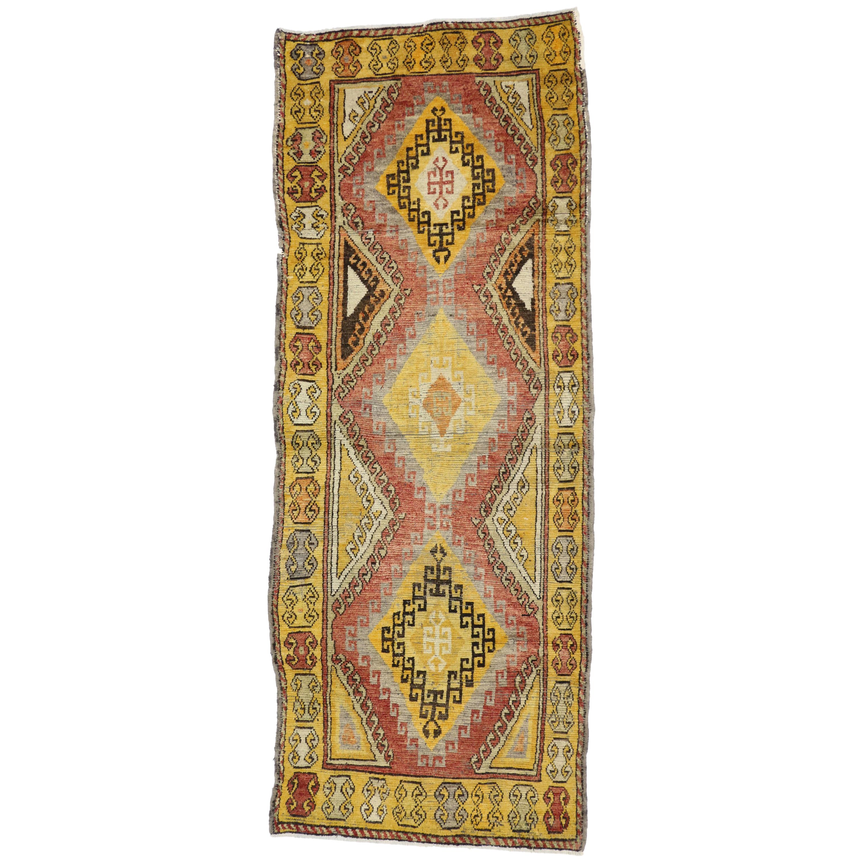 Vintage Turkish Oushak Runner with Mid-Century Modern Tribal Style For Sale