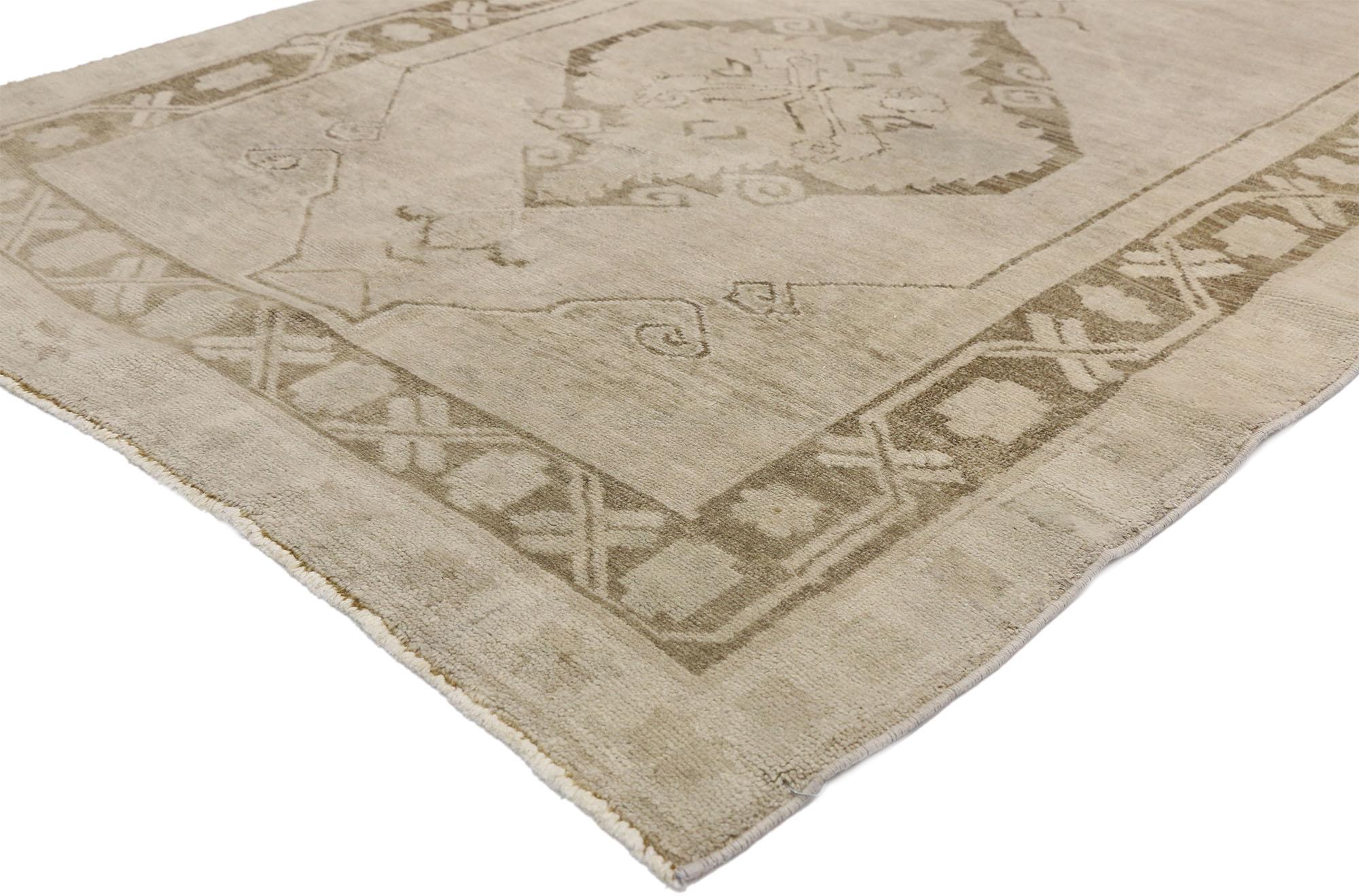 52437 vintage Turkish Oushak runner with Mission style and warm, Earth-Tones 04'06 x 12'05. This hand-knotted wool vintage Turkish Oushak runner features three hexagonal medallions alternate with small bird-like motifs. Each medallion is filled with