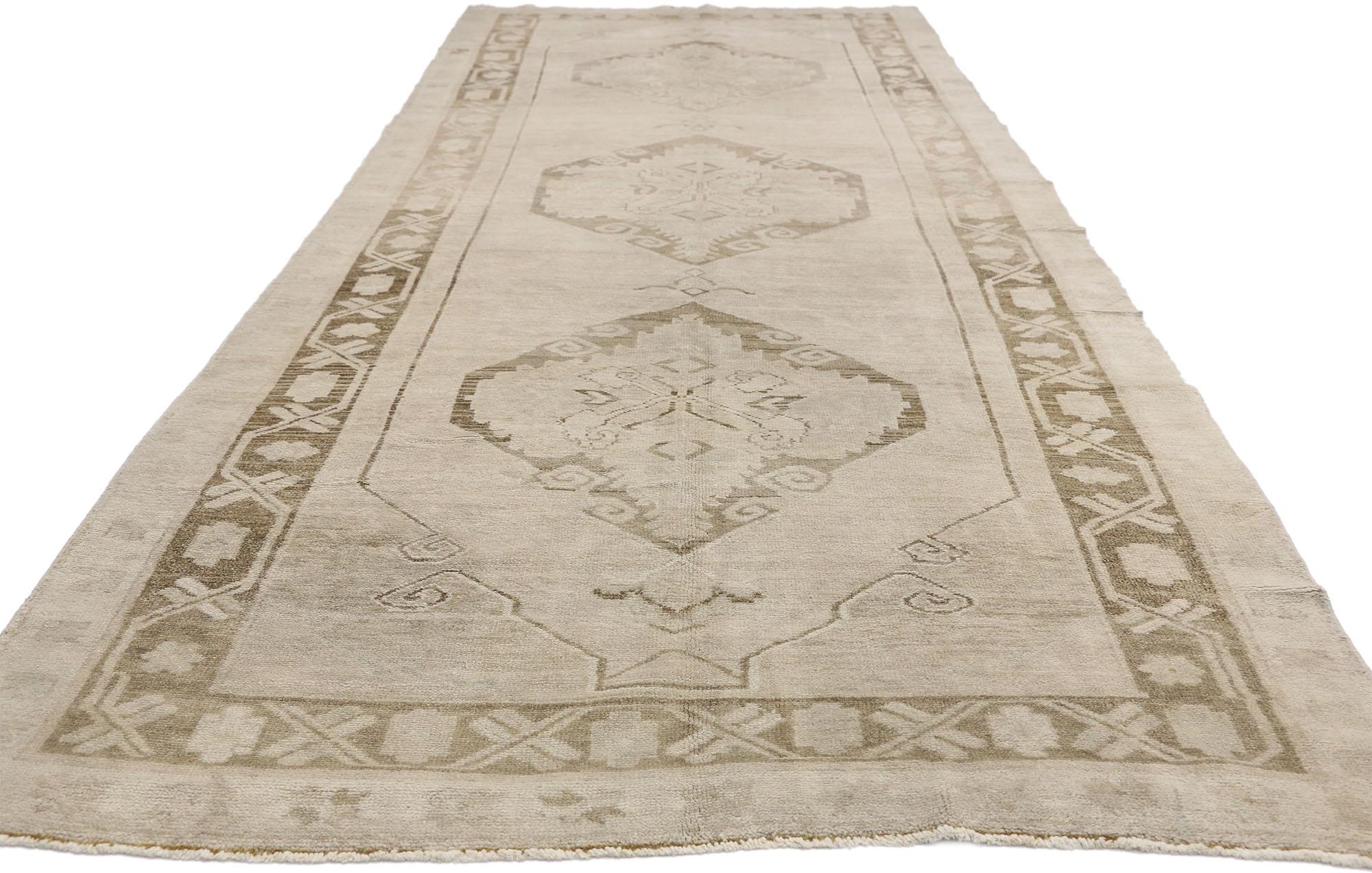 Hand-Knotted Vintage Turkish Oushak Runner with Mission Style and Warm, Earth-Tones For Sale