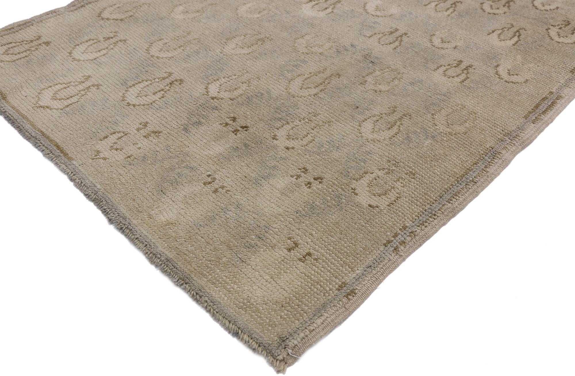 52468 Vintage Turkish Oushak Runner with American Colonial Style, muted Hallway runner. Showcasing timeless elegance in a demure color palette this hand knotted wool Vintage Turkish Oushak runner with American Colonial style features an all-over