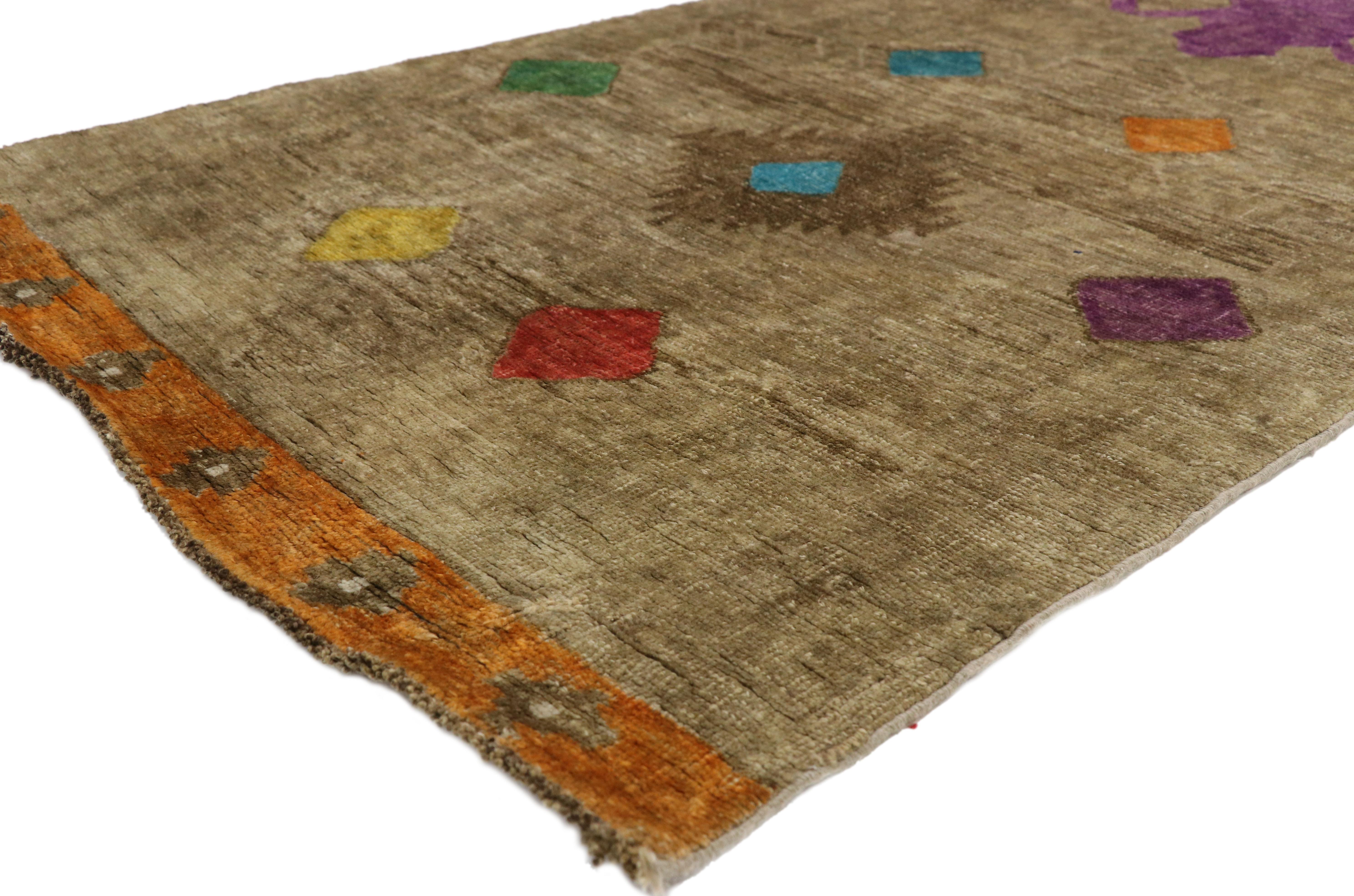 51853 vintage Turkish oushak Runner with Modern contemporary Style 03'04 x 11'03. This hand-knotted wool vintage Turkish Oushak runner with Modern Contemporary style manages to maintain its true mid-century credentials without sacrificing whimsy,