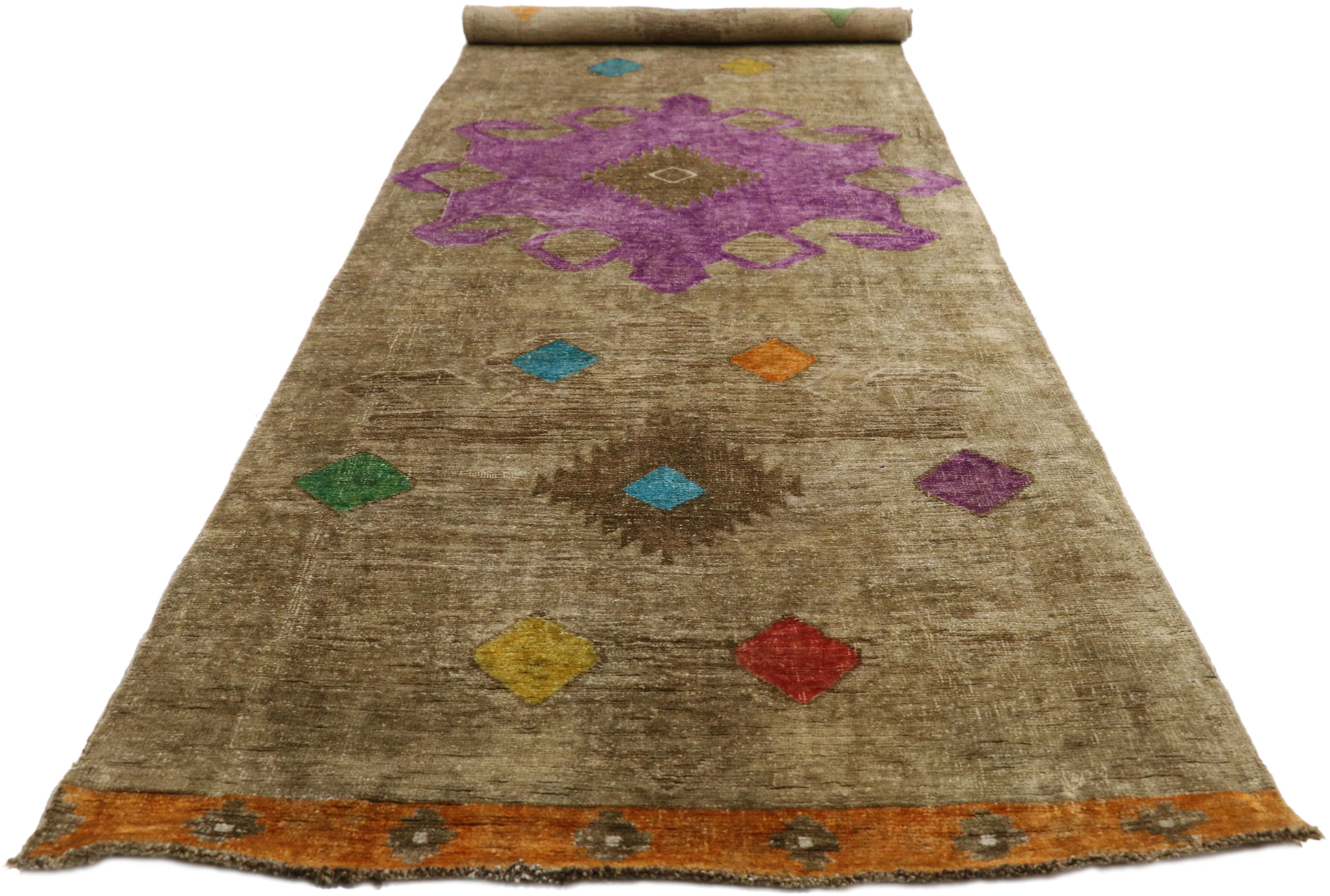 Hand-Knotted Vintage Turkish Oushak Runner with Modern Contemporary Style For Sale