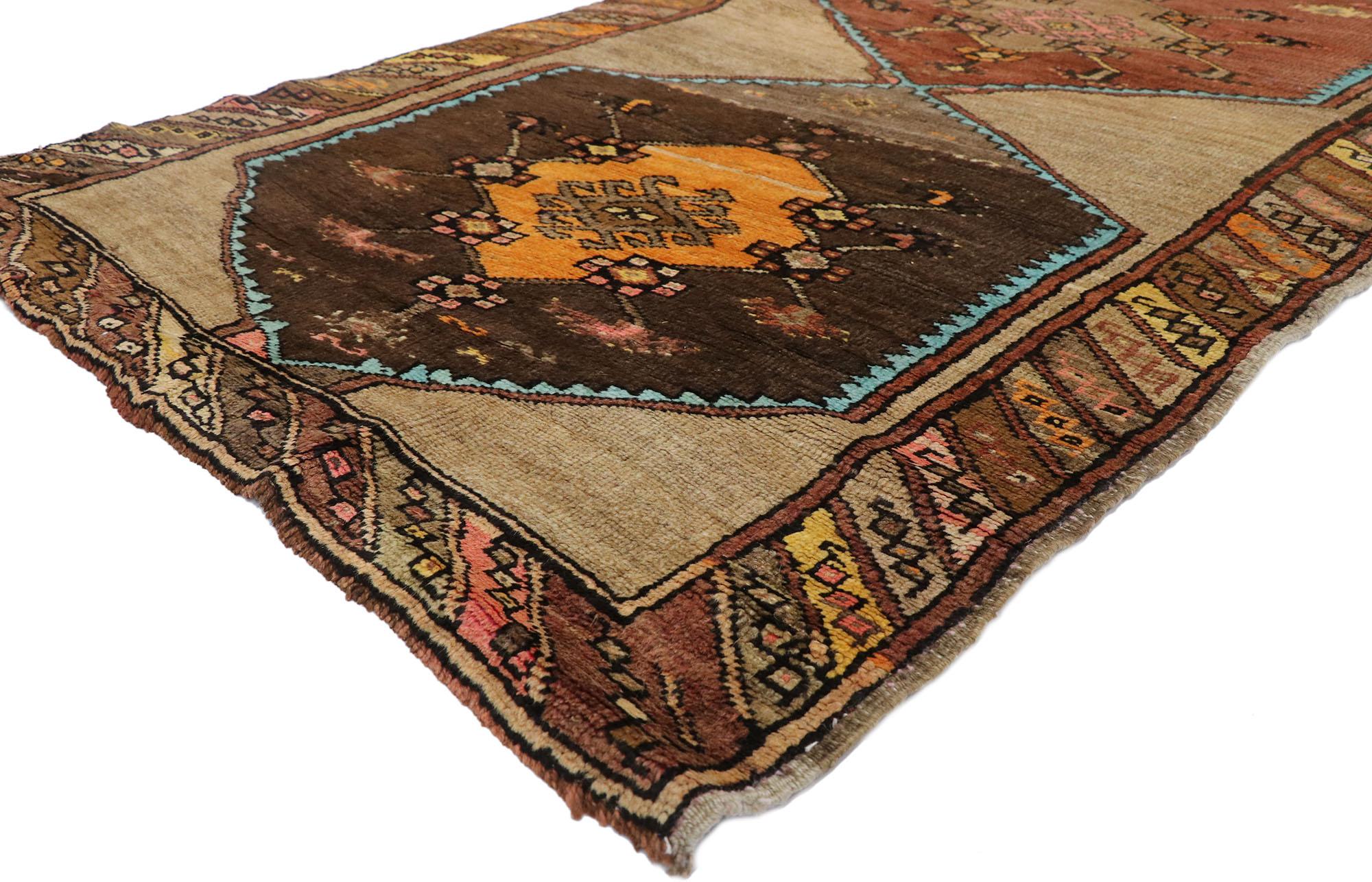 Add personality to your space with a modern take on eclectic style. This vintage Turkish Oushak runner with modern contemporary style manages to maintain its true mid-century credentials without sacrificing whimsy, personality and color. Set off