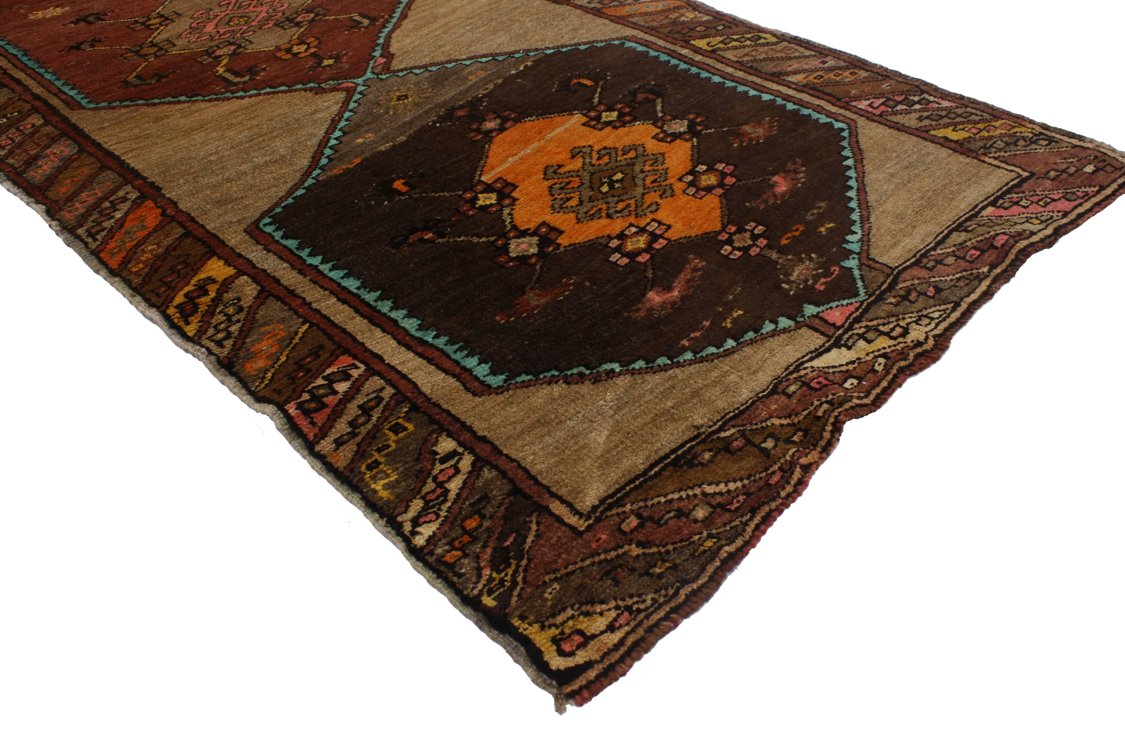 Hand-Knotted Vintage Turkish Oushak Runner with Modern Contemporary Style, Painted Oushak Rug For Sale