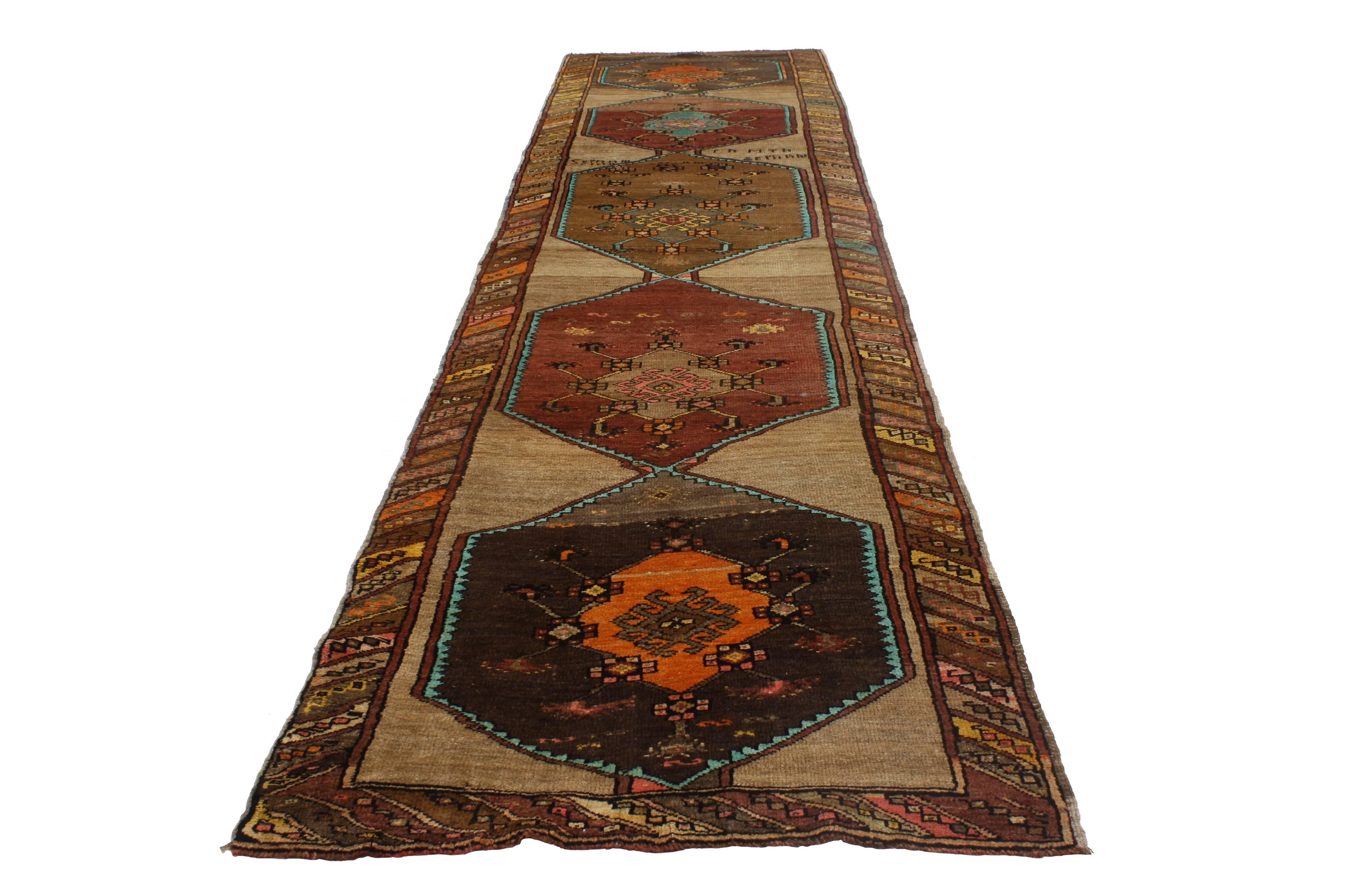 20th Century Vintage Turkish Oushak Runner with Modern Contemporary Style, Painted Oushak Rug For Sale