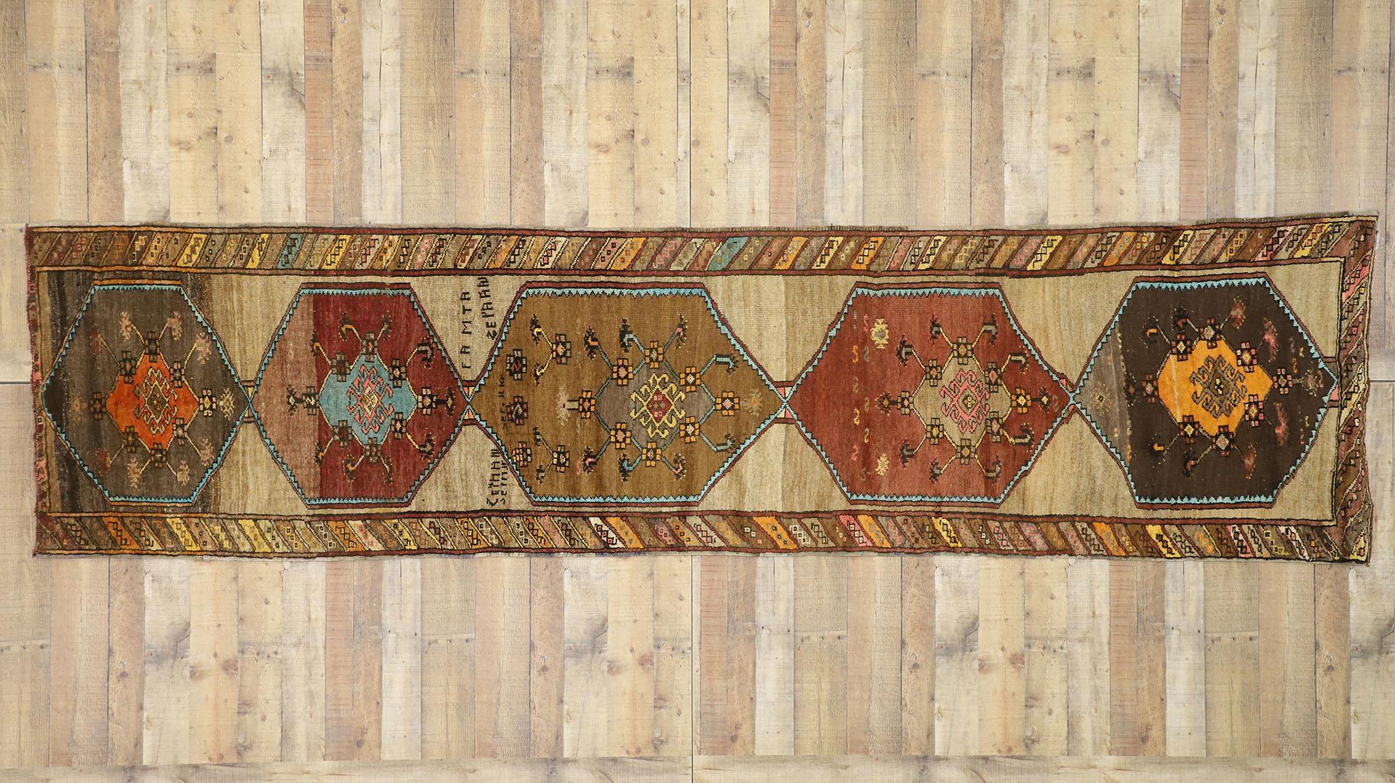 Vintage Turkish Oushak Runner with Modern Contemporary Style, Painted Oushak Rug For Sale 2