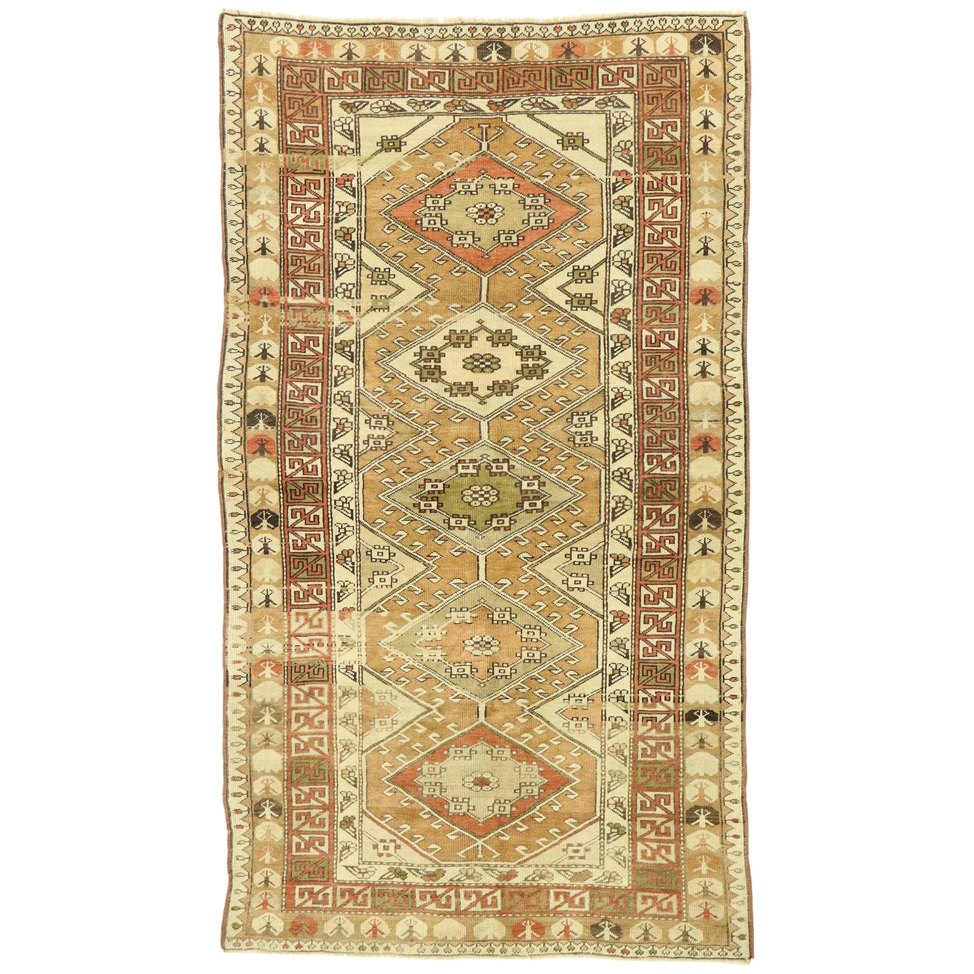 Vintage Turkish Oushak Rug Runner with Rustic Modern Style For Sale at