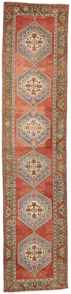 Vintage Turkish Oushak Runner with Modern Style, Extra-Long Hallway Runner
