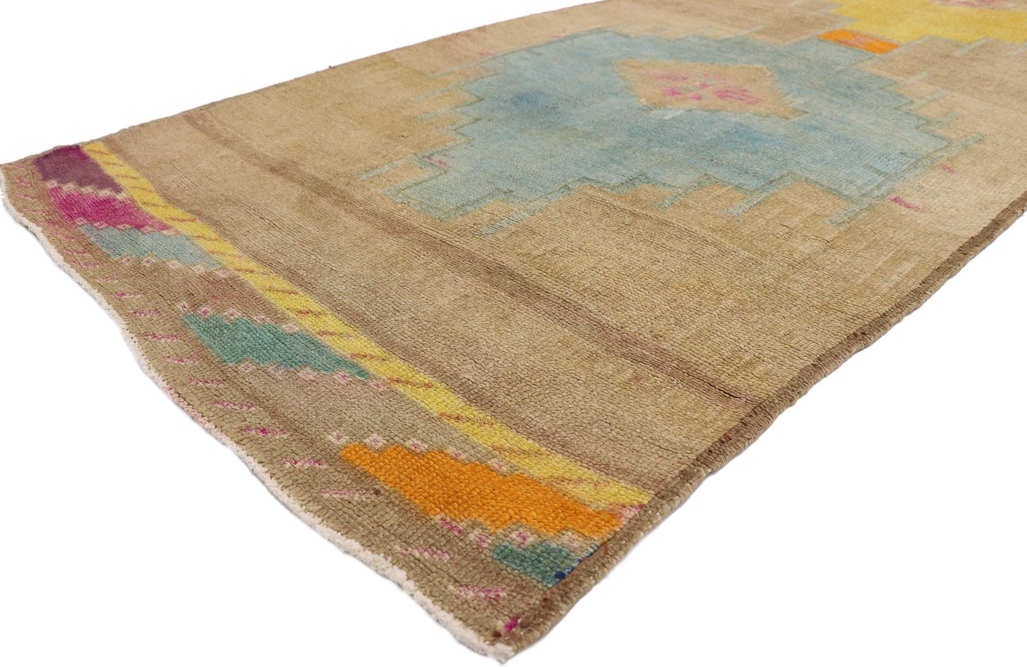 51840 Vintage Turkish Oushak Runner with Retro Mid-Century Modern Style, Extra-Long Hallway Runner 03'04 x 21'07. With a bold geometric form and retro flair, this hand knotted wool vintage Turkish Oushak runner astounds with its beauty. It features