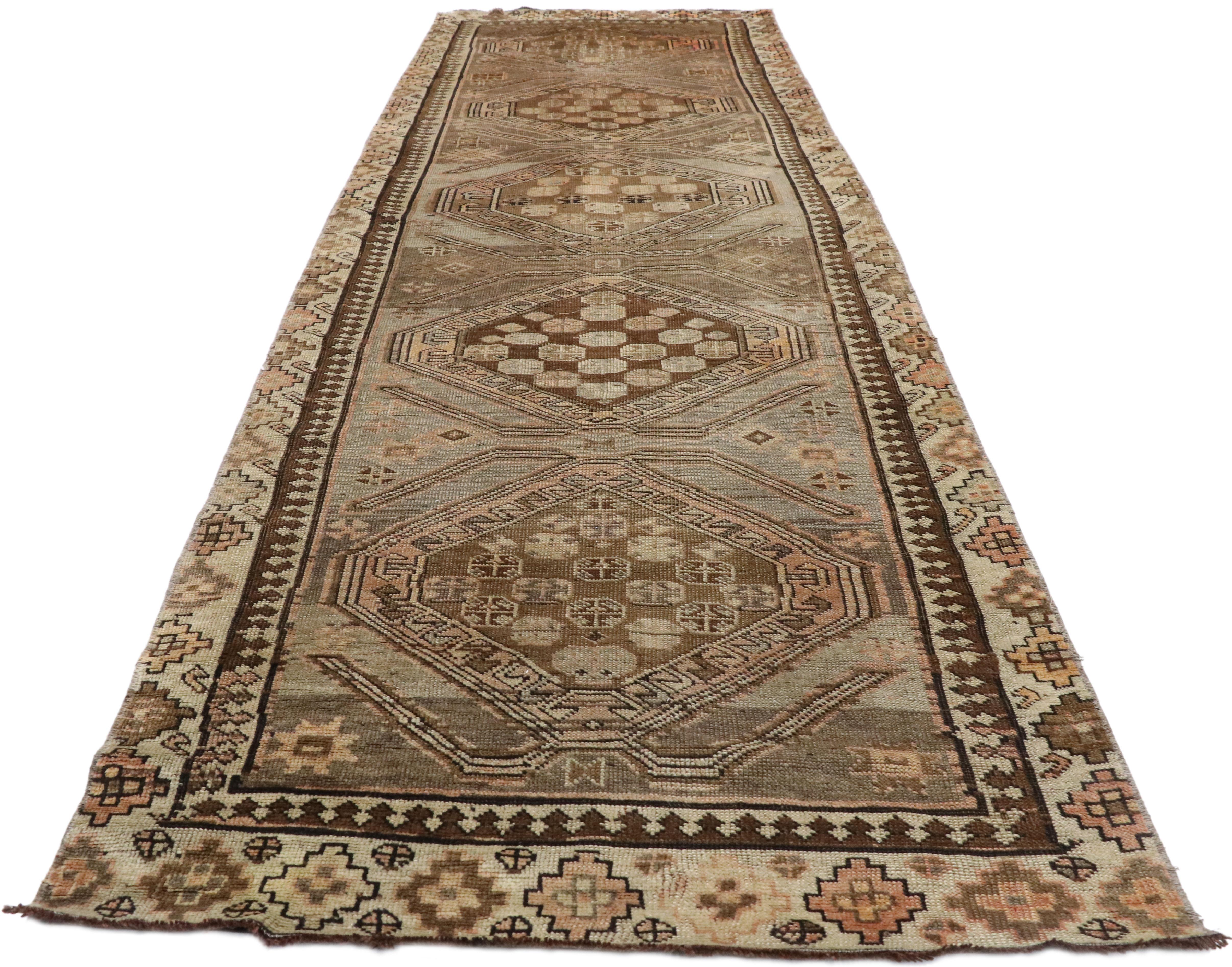 Hand-Knotted Vintage Turkish Oushak Runner with Modern Shaker Style, Hallway Runner For Sale