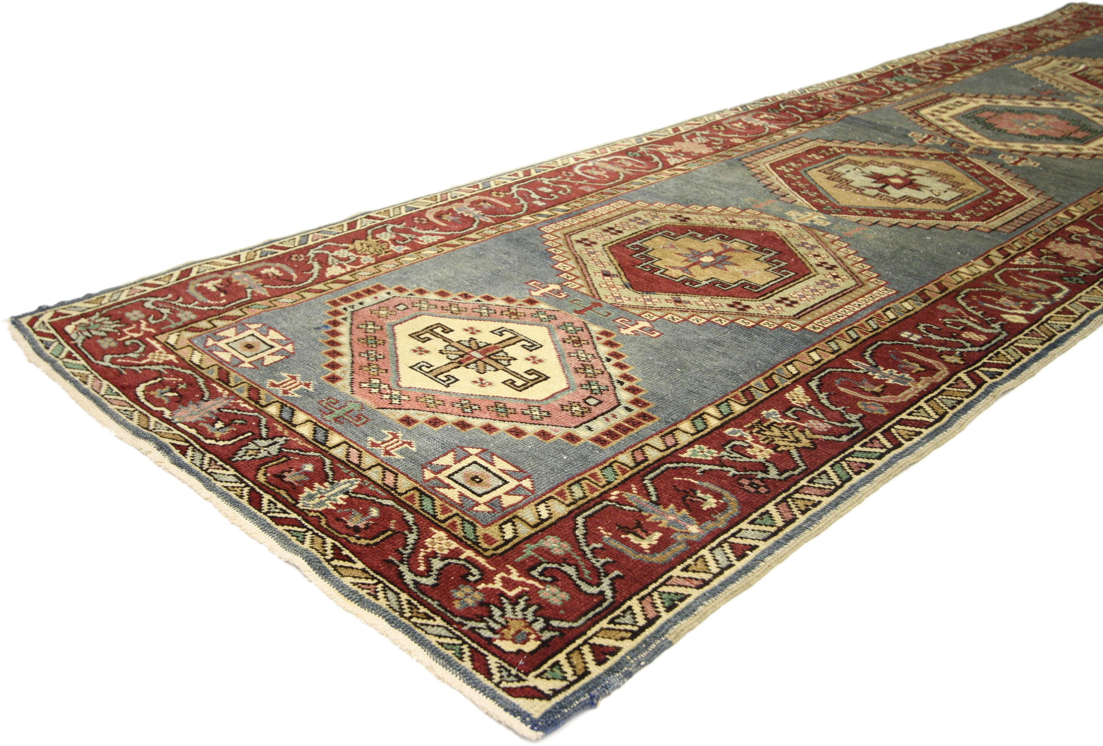 Hand-Knotted Vintage Turkish Oushak Runner with Modern Style, Hallway Runner For Sale
