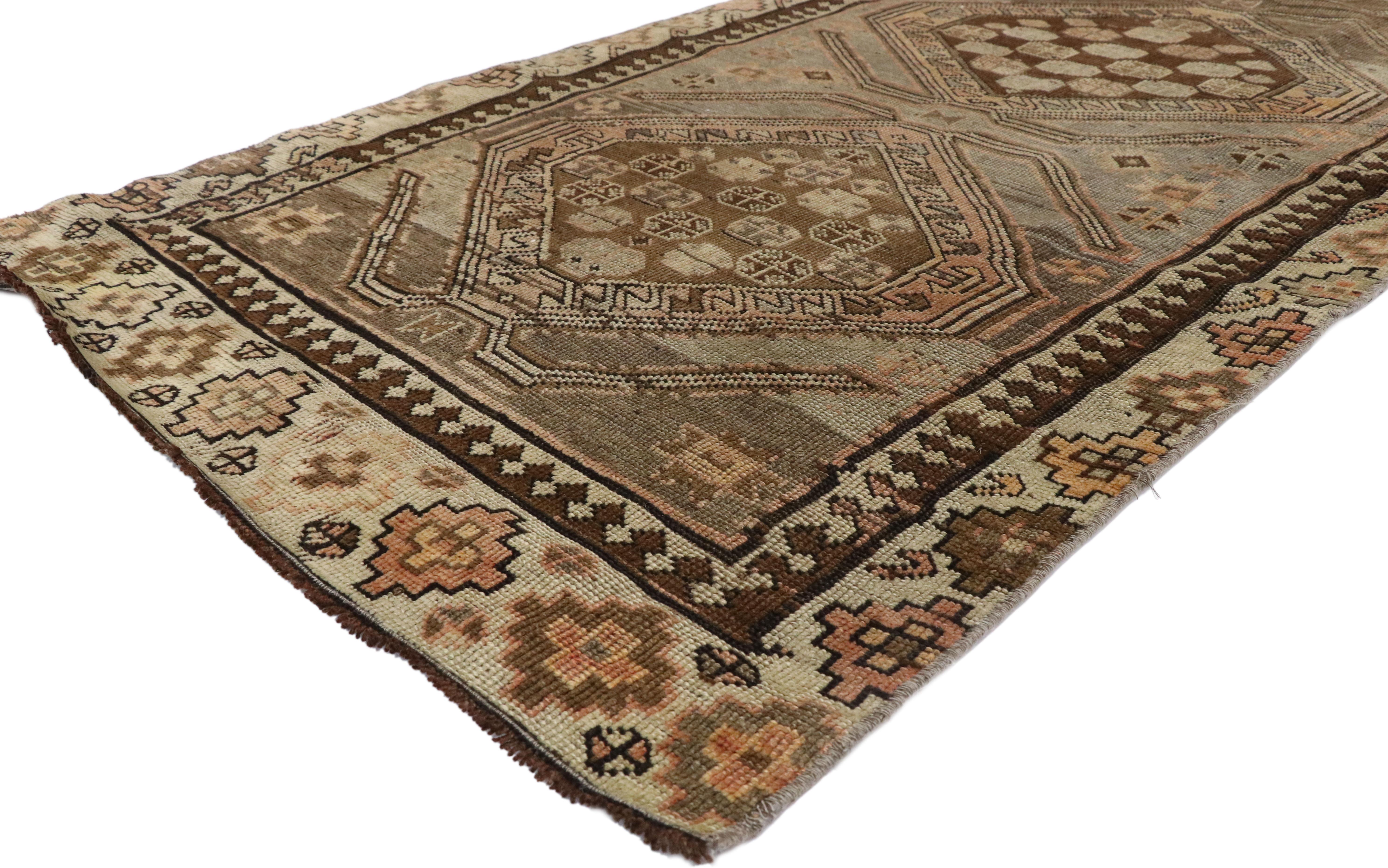 52056 Vintage Turkish Oushak Runner with Modern Shaker Style, Hallway Runner. Understated elegance meets soft, warm colors in this hand-knotted wool vintage Turkish Oushak runner. The Oushak hallway runner features a beautiful display of five