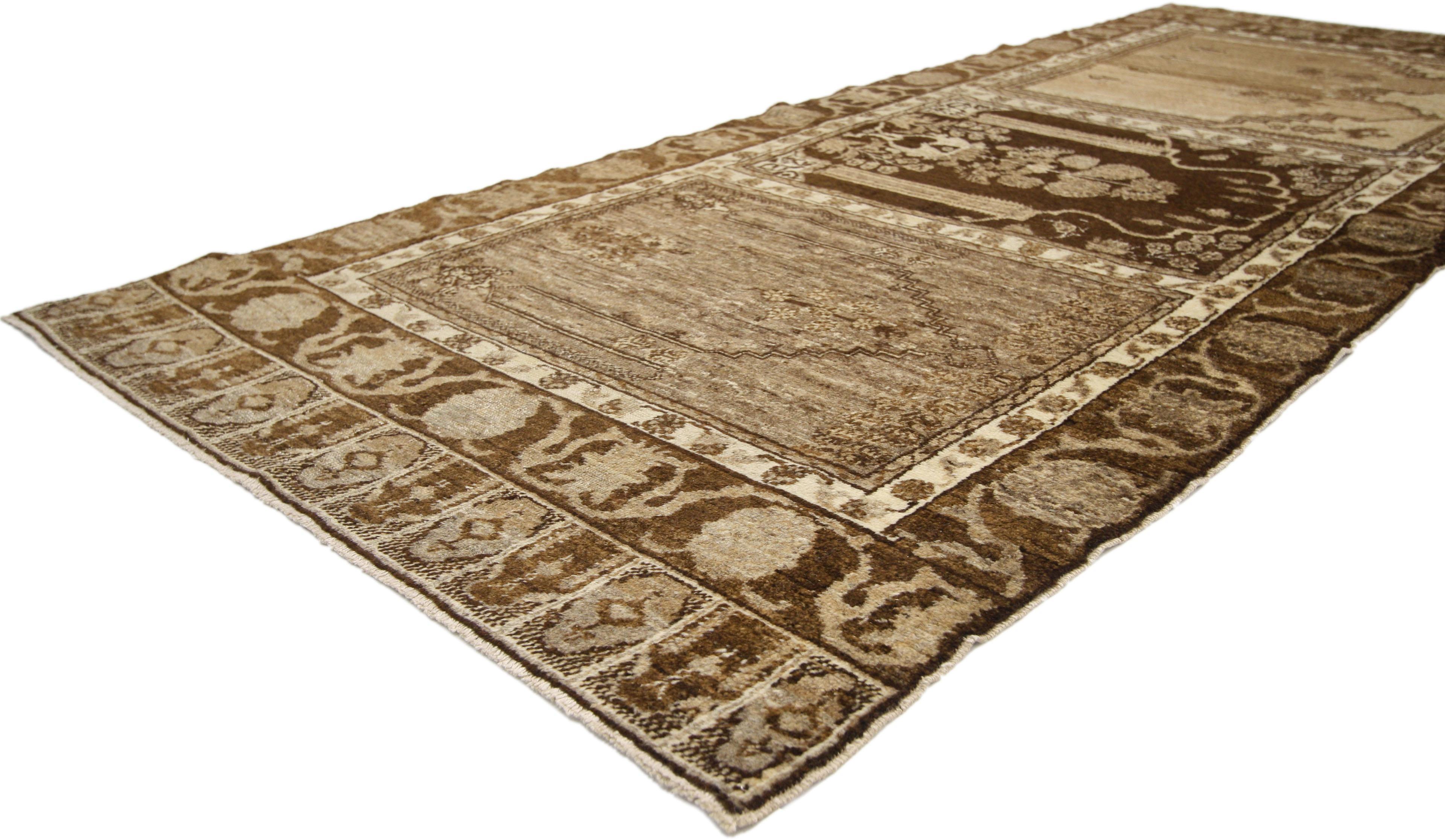 ​50193 Vintage Turkish Prayer Runner with Multiple Mihrabs Design and Mid-Century Modern Style, Anatolian Saph Runner 03'02 x 07'07. Warm earth-tone colors and Mid-Century Modern style collide in this hand knotted vintage Anatolian Saph runner. The