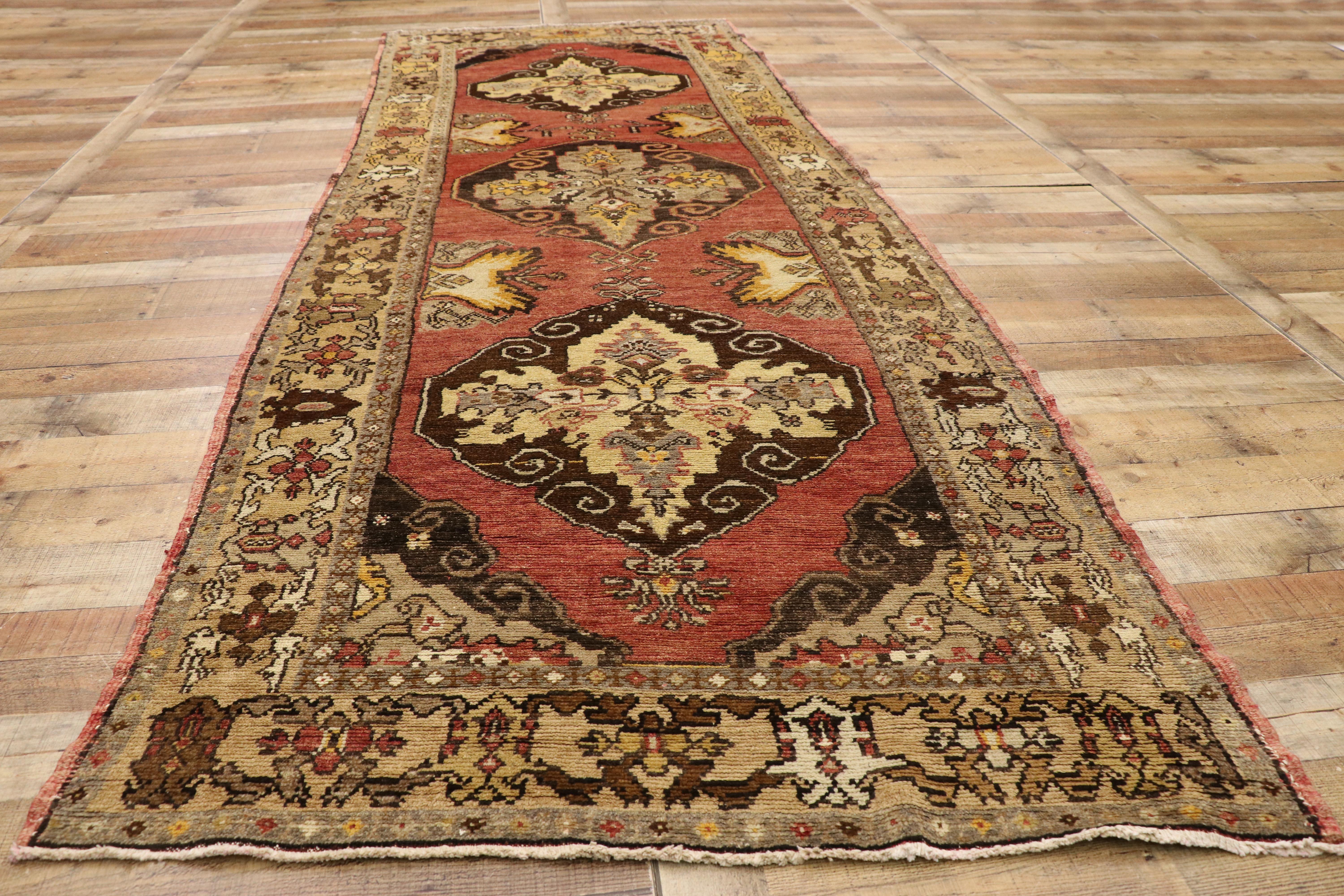 Wool Vintage Turkish Oushak Runner with Mid-Century Modern Style For Sale