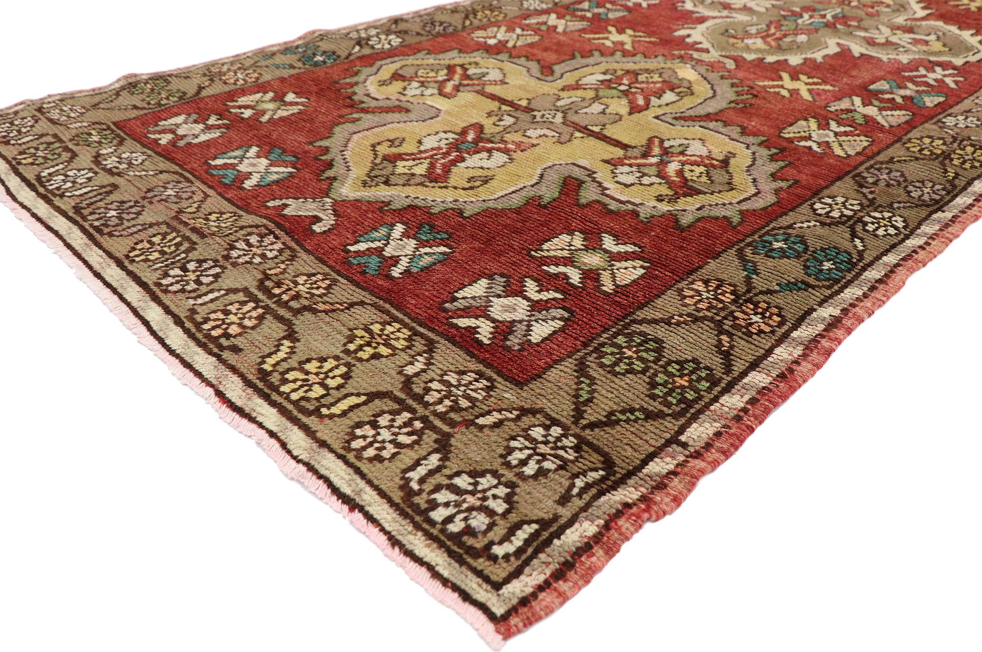 50106 Vintage Turkish Oushak Runner with Modern Traditional Style, Hallway Runner. Full of character and stately presence, this vintage Turkish Oushak carpet runner showcases an extravagant geometric design on an abrashed red field reflecting a