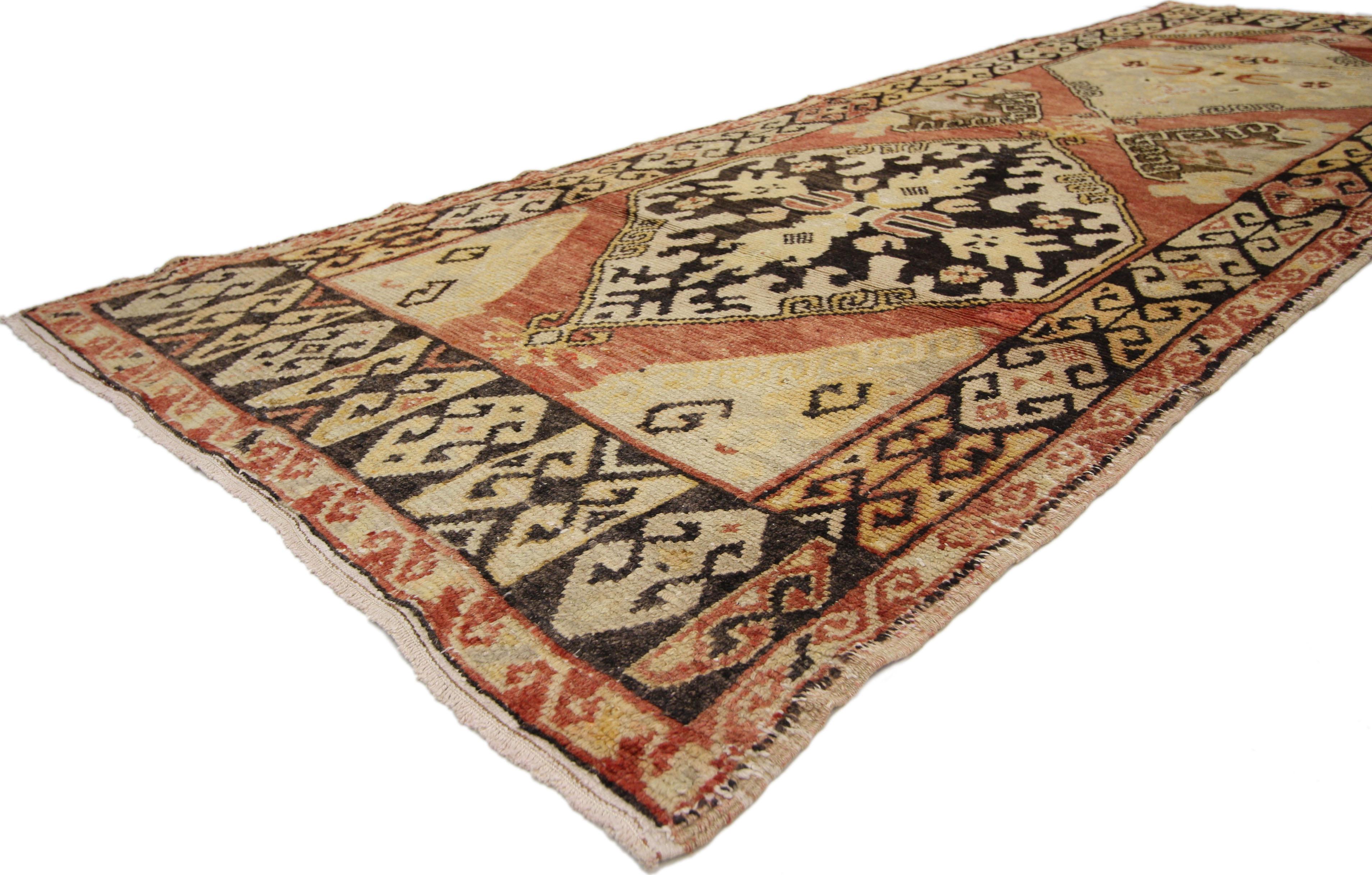 50333 Vintage Turkish Oushak Runner with Modern Rustic Lodge Style, Hallway Runner. This vintage Turkish Oushak carpet runner with its modern traditional style bears a remarkable air of chic sophistication. This hand-knotted wool antique Turkish