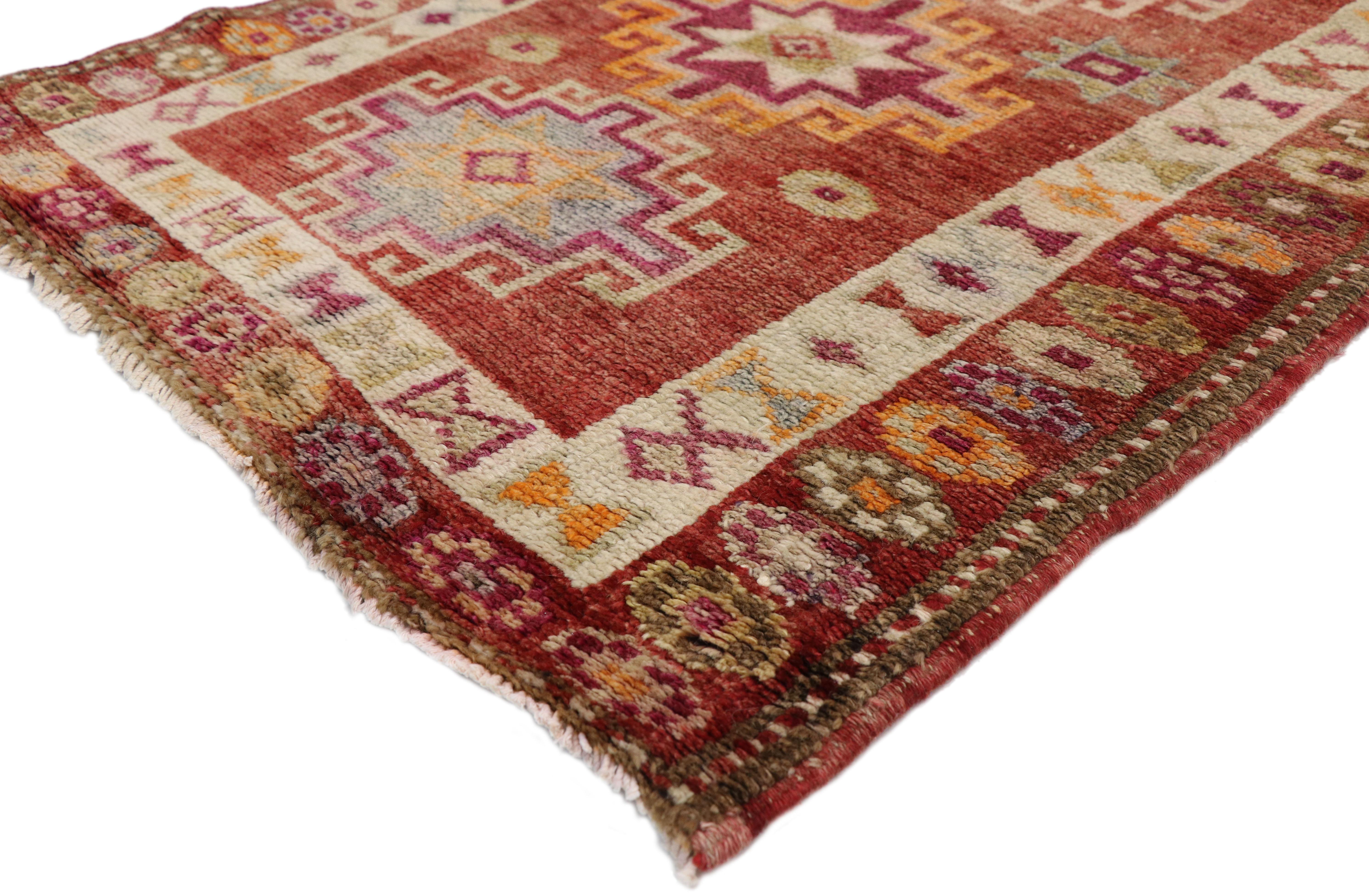 52047 Vintage Turkish Oushak Runner with Mid-Century Modern Art Deco Style. With its bold geometric pattern and rectilinear architectural elements, this hand-knotted wool vintage Turkish Oushak runner embodies Mid-Century Modern style with an Art