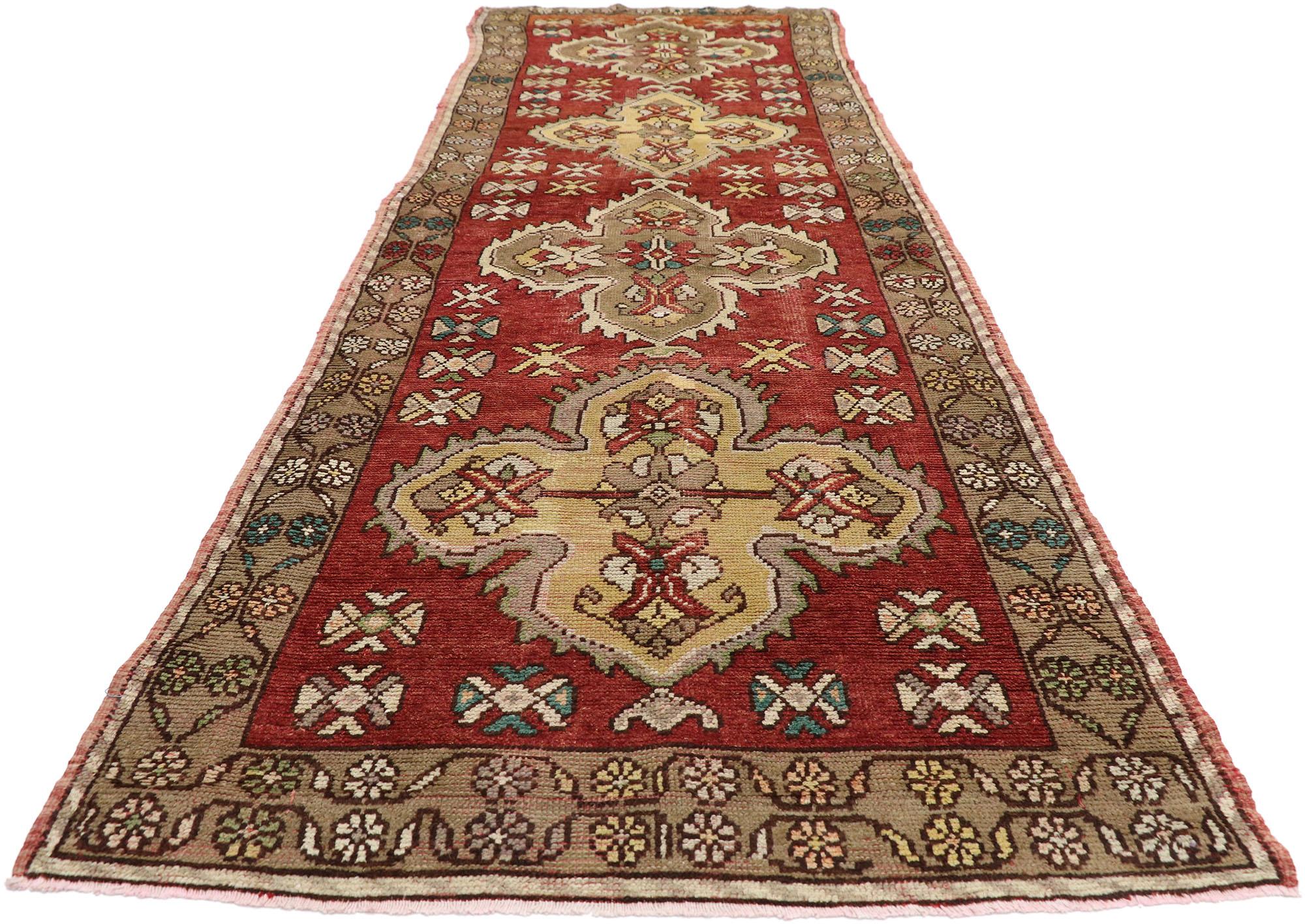 Hand-Knotted Vintage Turkish Oushak Runner with Modern Traditional Style, Hallway Runner For Sale