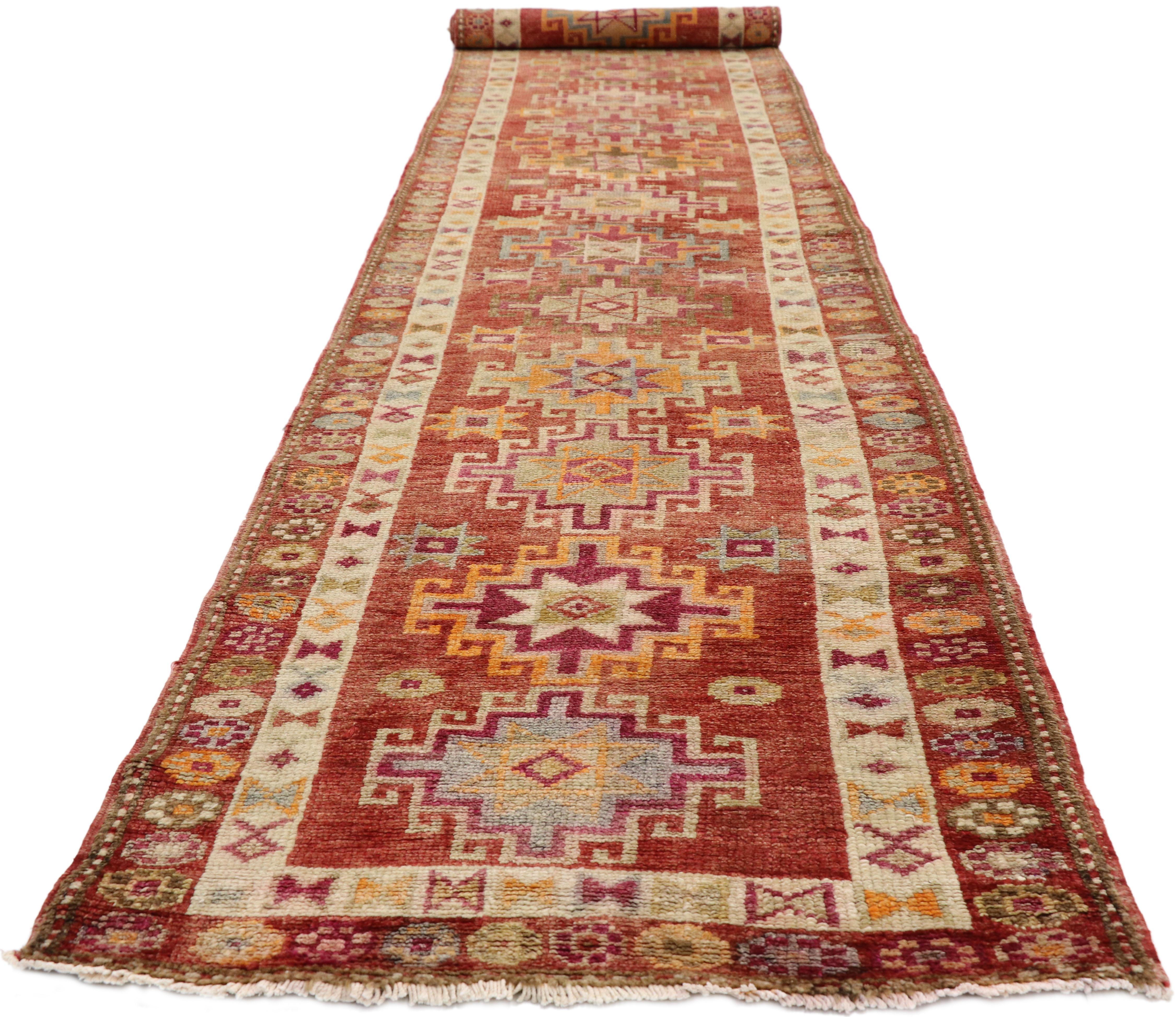 Hand-Knotted Vintage Turkish Oushak Runner with Mid-Century Modern Art Deco Style