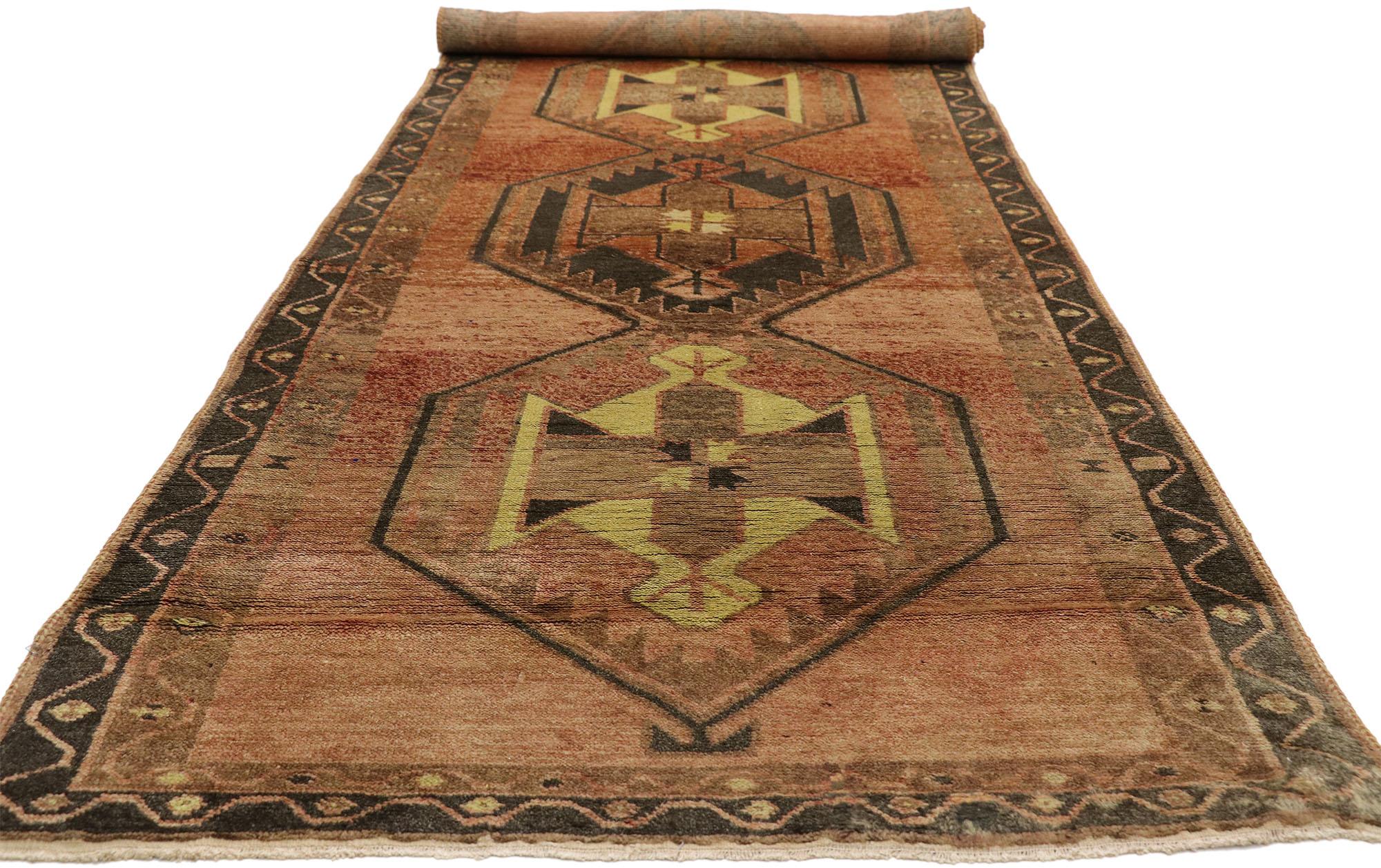 Hand-Knotted Vintage Turkish Oushak Runner with Modern Tribal Style For Sale