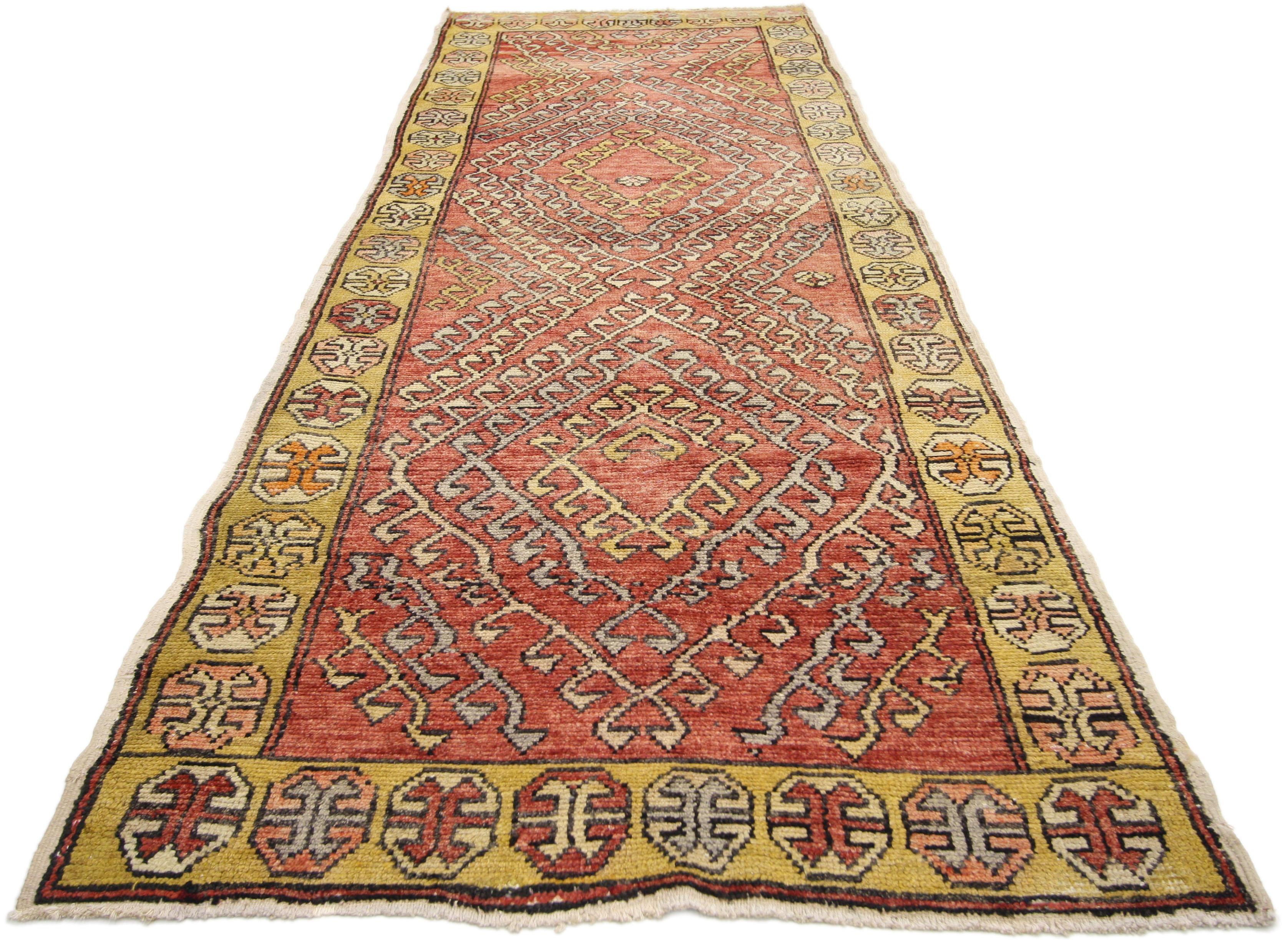 Vintage Turkish Oushak Runner with Modern Tribal Style In Good Condition For Sale In Dallas, TX