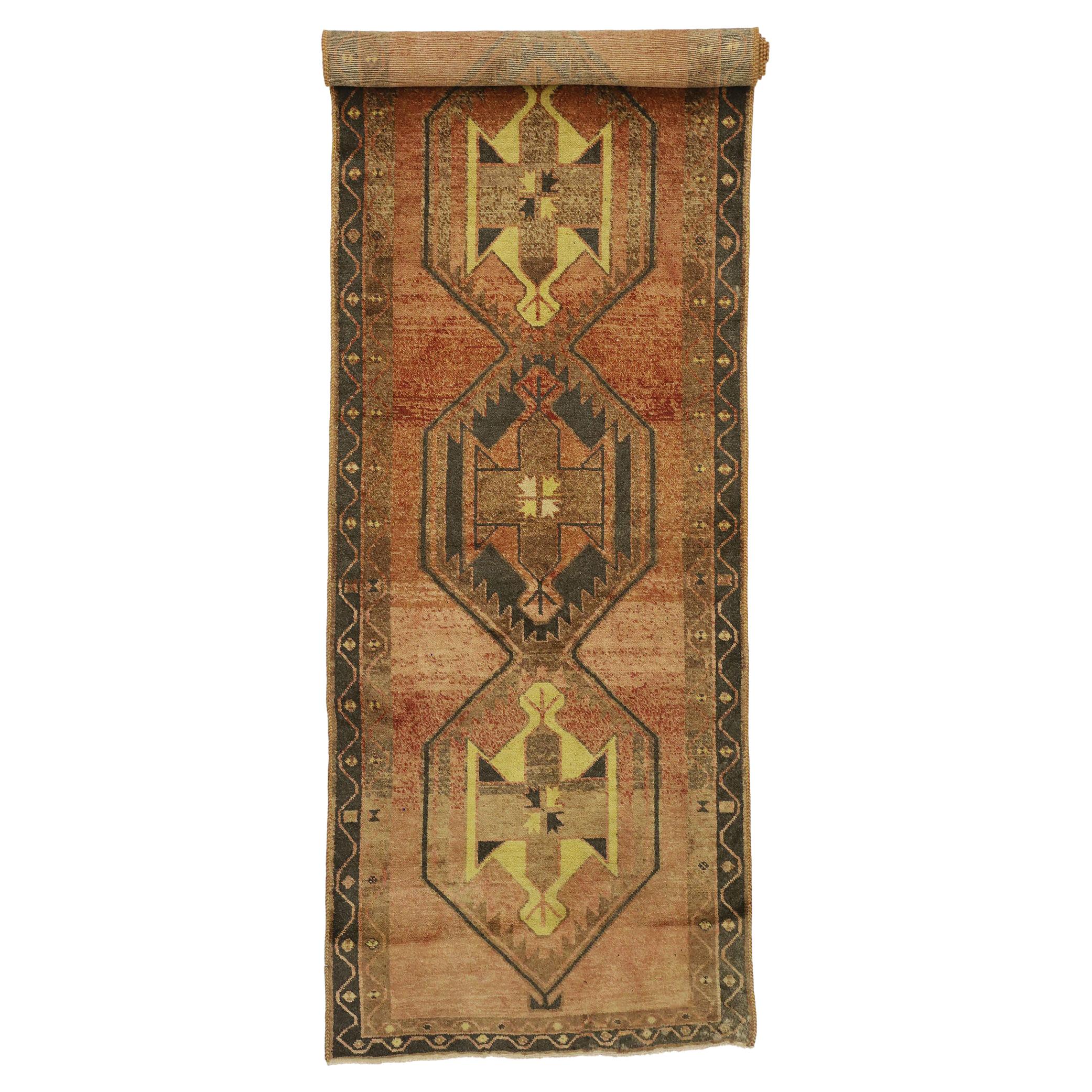 Vintage Turkish Oushak Runner with Modern Tribal Style For Sale