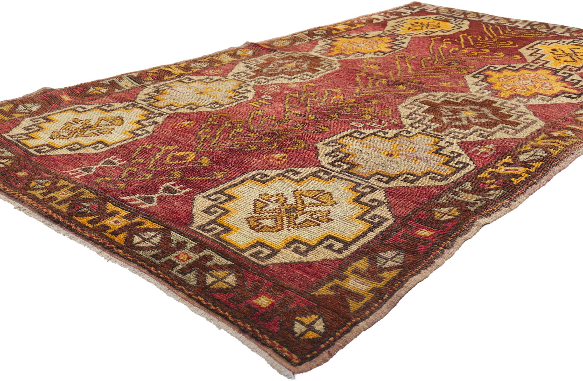 50087 Vintage Turkish Oushak Runner with Modern Tribal Style, Gallery Rug 04'00 x 07'09. Impeccably woven from hand-knotted wool and featuring luminous colors, this vintage Turkish Oushak carpet runner features a modern tribal style and can easily
