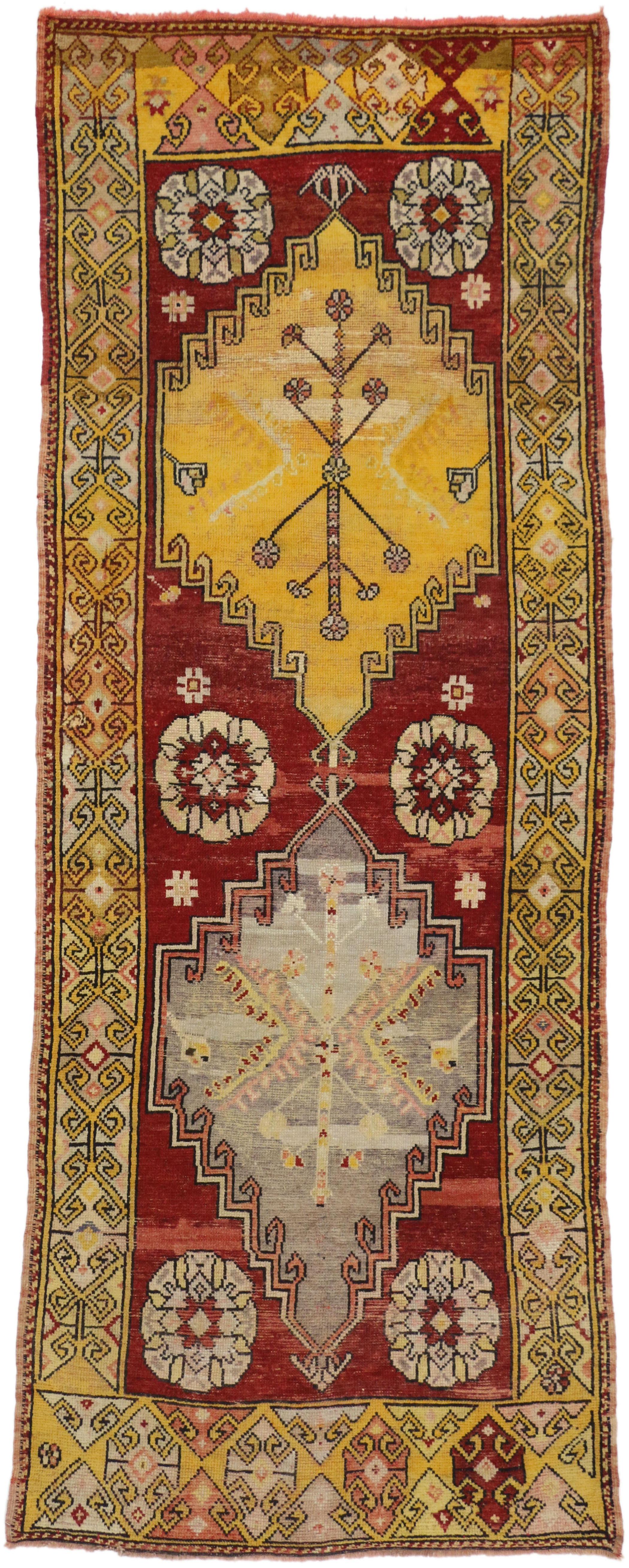 50237 Vintage Turkish Oushak Runner with Modern Tribal Style, Hallway Runner. This hand knotted wool vintage Turkish Oushak carpet runner is easily integrated into modern, contemporary decor and even those with traditional preferences. Two large
