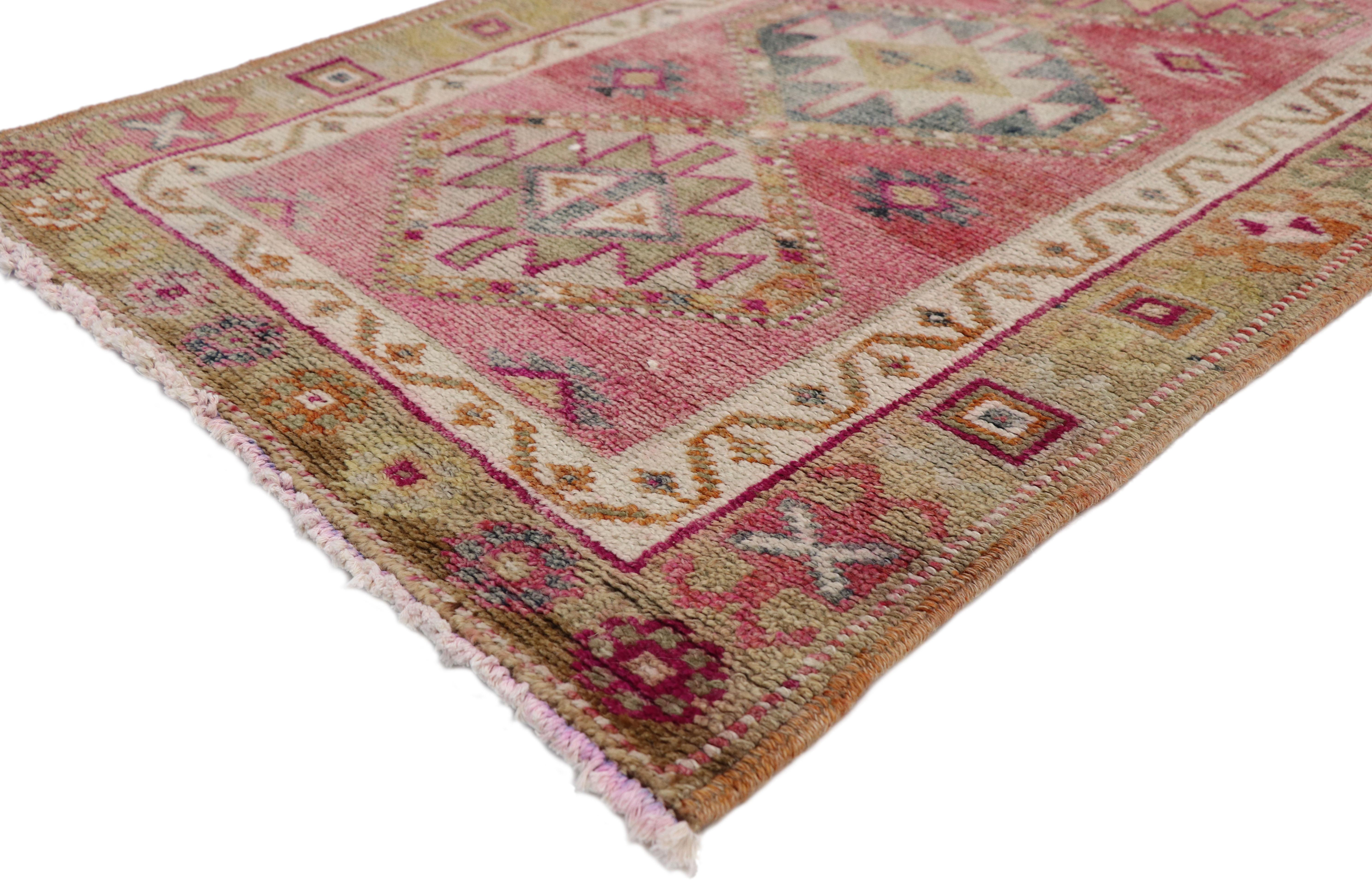 52059 Vintage Turkish Oushak Runner with Modern Tribal Style, Long Hallway Runner. Full of character and stately presence, this vintage Turkish Oushak runner features an intrinsic geometric pattern. Running along the icenter of this extra long