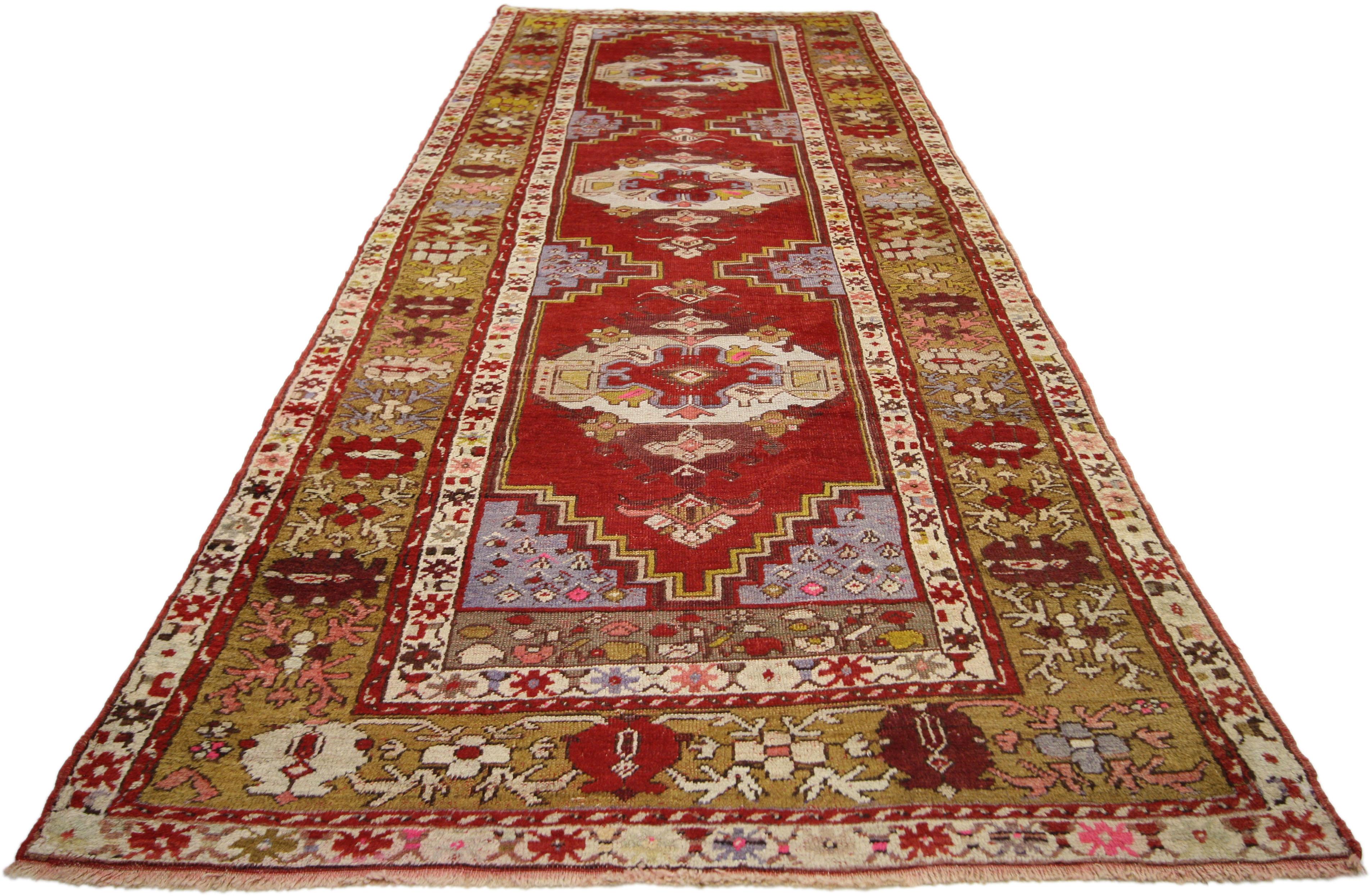 Hand-Knotted Vintage Turkish Oushak Runner with Modern Tribal Style, Hallway Runner For Sale
