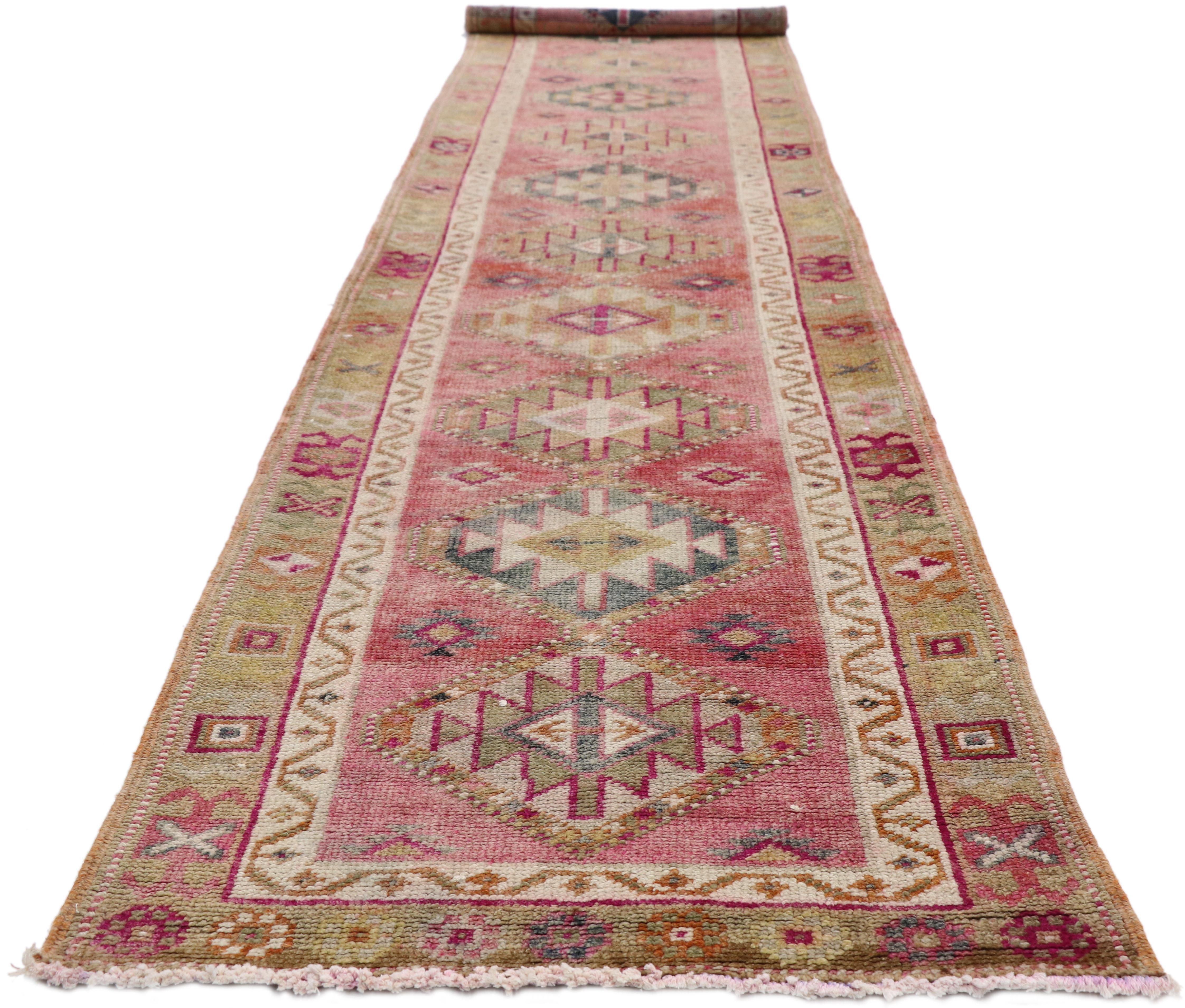 Hand-Knotted Vintage Turkish Oushak Runner with Modern Tribal Style, Long Hallway Runner For Sale