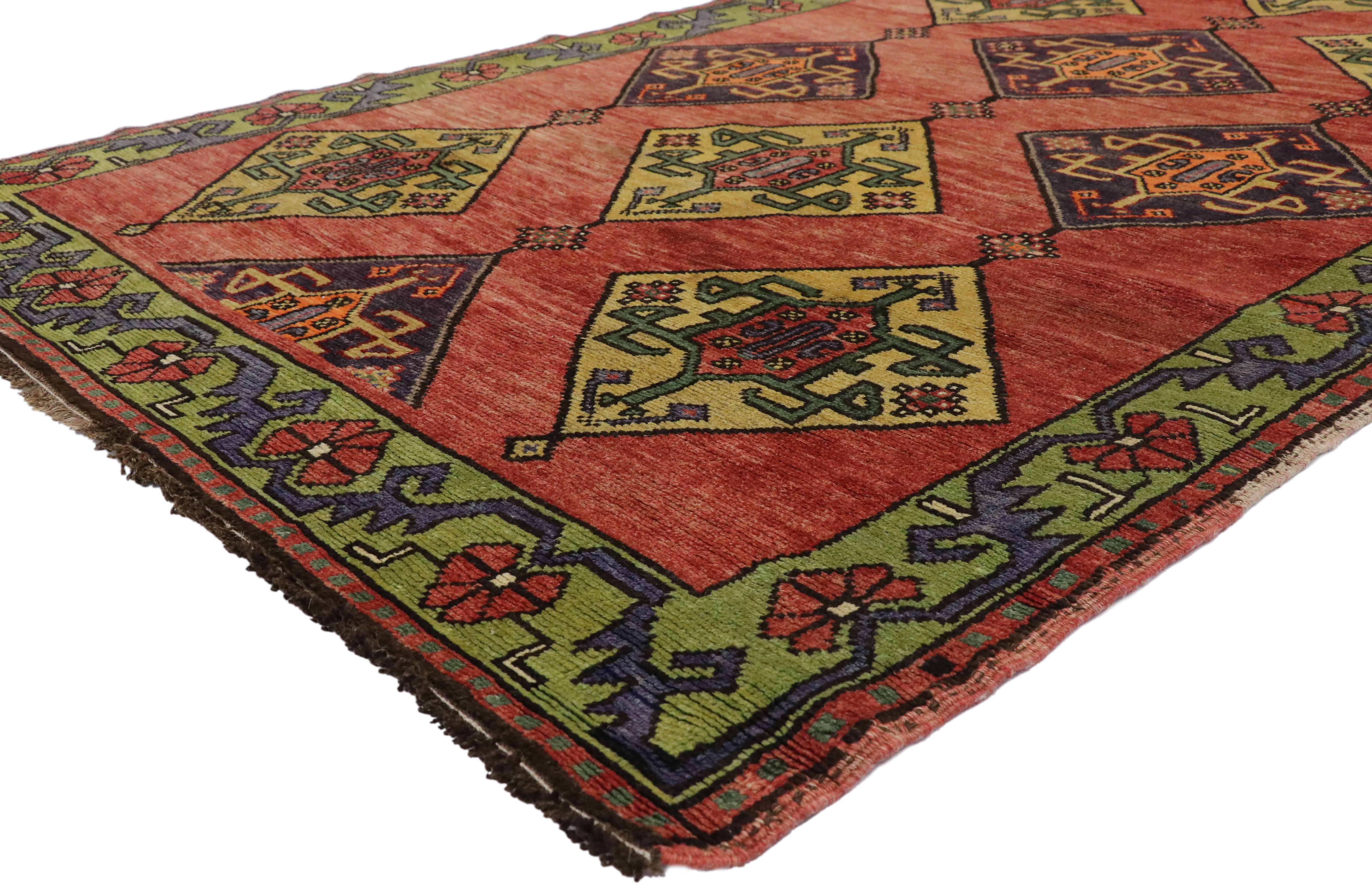 52177 Vintage Turkish Oushak Runner with Art Deco Style, Wide Tribal Hallway Runner. With a bold geometric pattern and striking appeal, this hand knotted wool vintage Turkish Oushak runner can beautifully blend contemporary, modern, and traditional