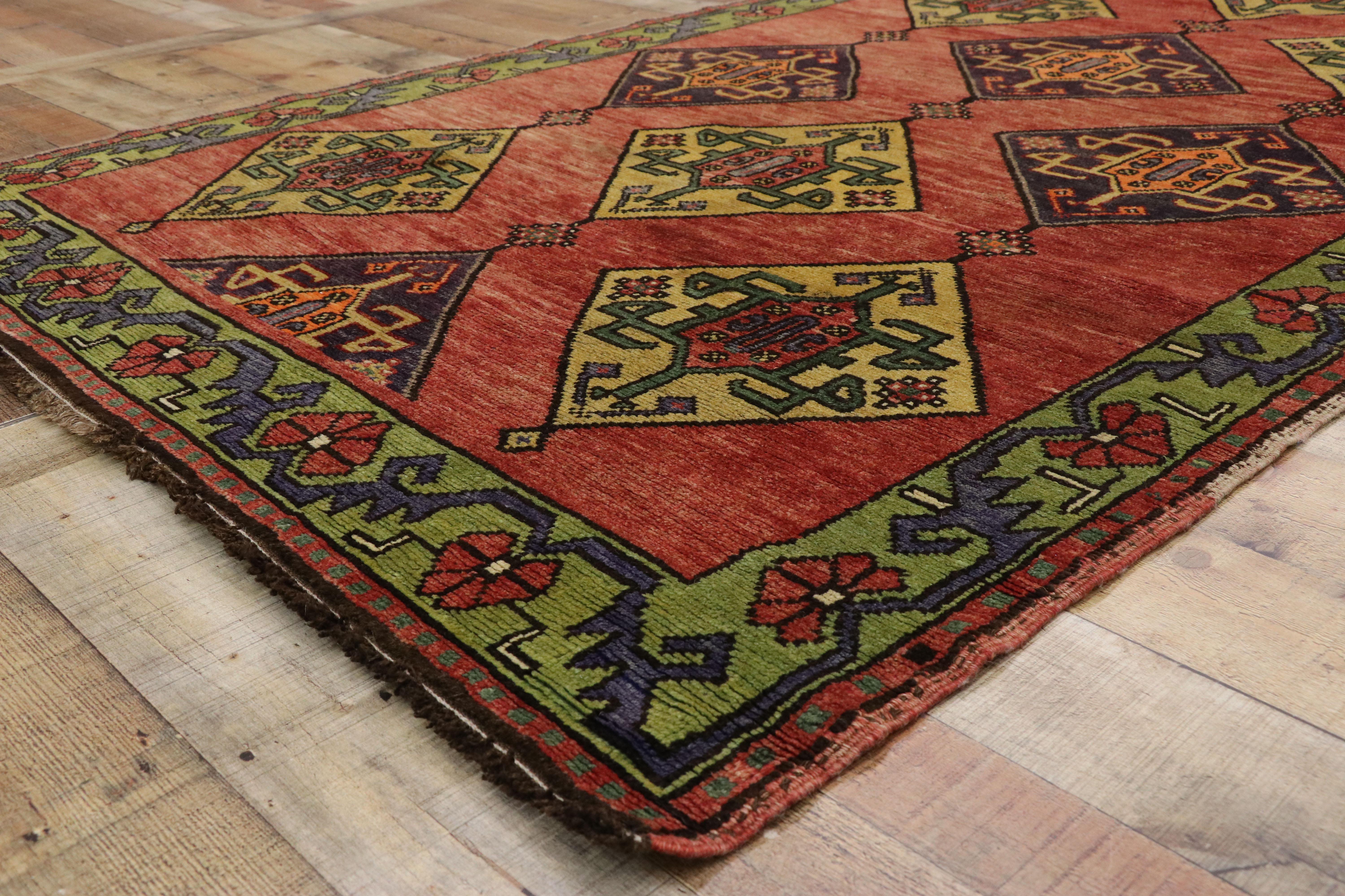 20th Century Vintage Turkish Oushak Runner with Art Deco Style, Wide Tribal Hallway Runner For Sale
