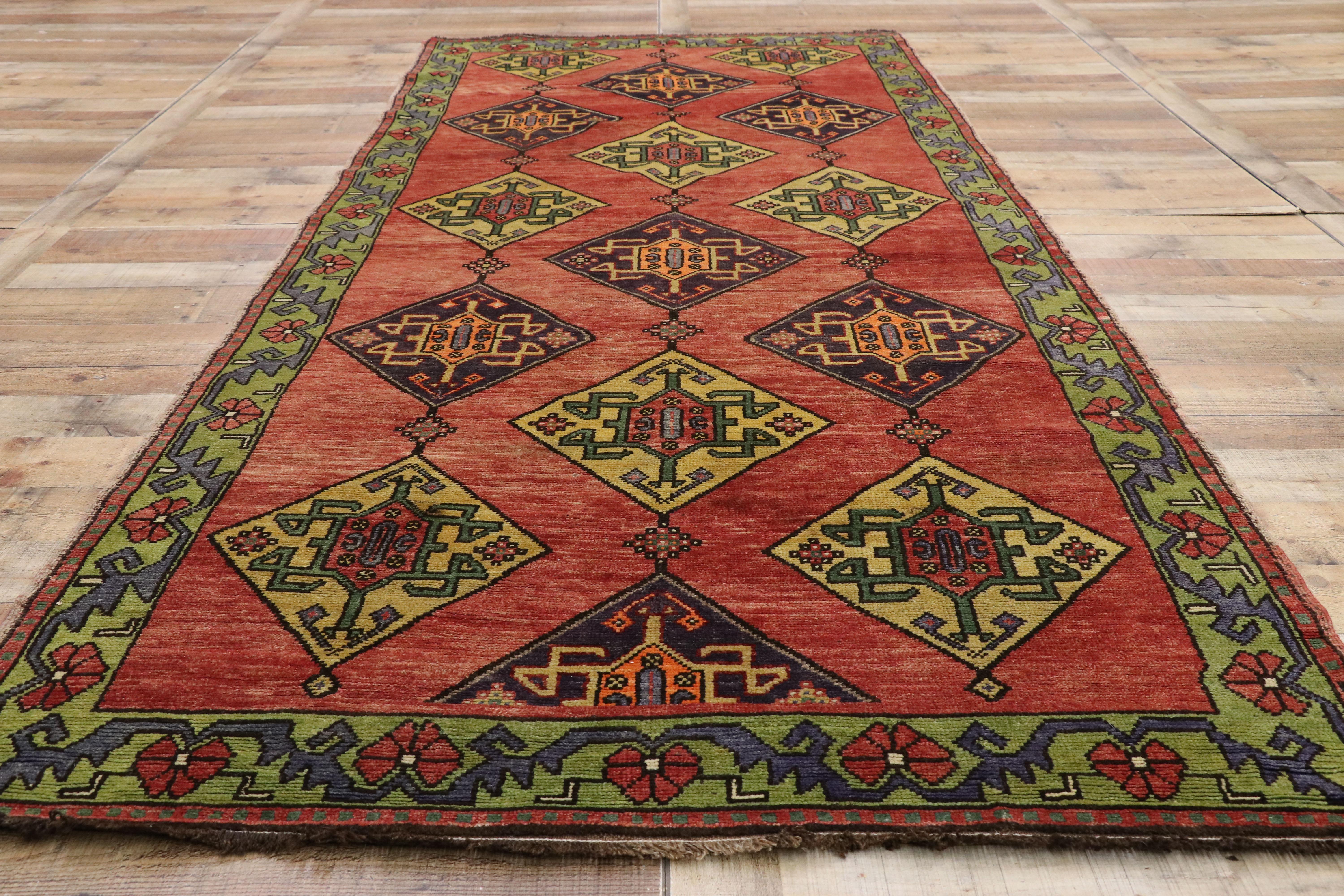Wool Vintage Turkish Oushak Runner with Art Deco Style, Wide Tribal Hallway Runner For Sale