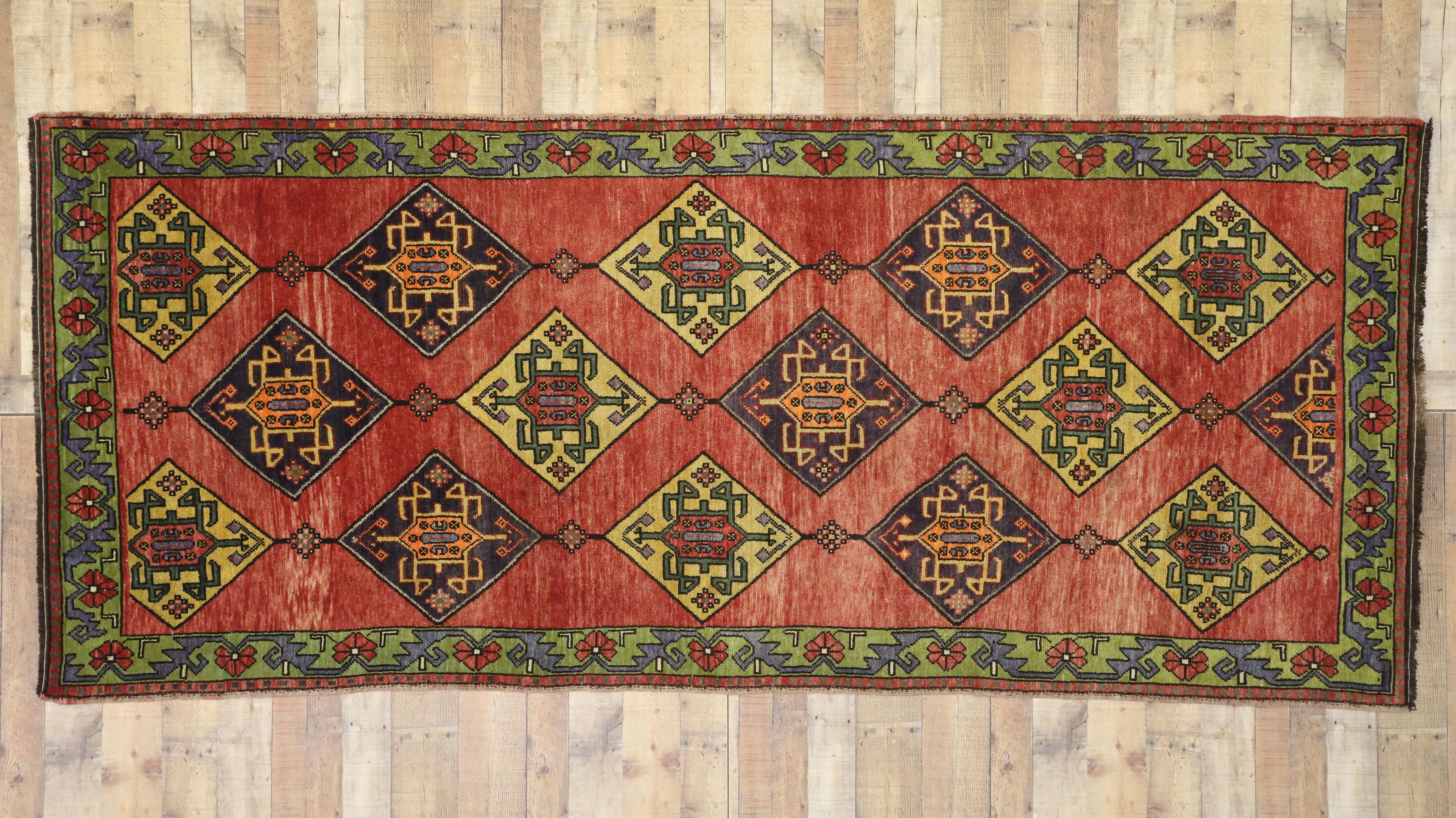 Vintage Turkish Oushak Runner with Art Deco Style, Wide Tribal Hallway Runner For Sale 1