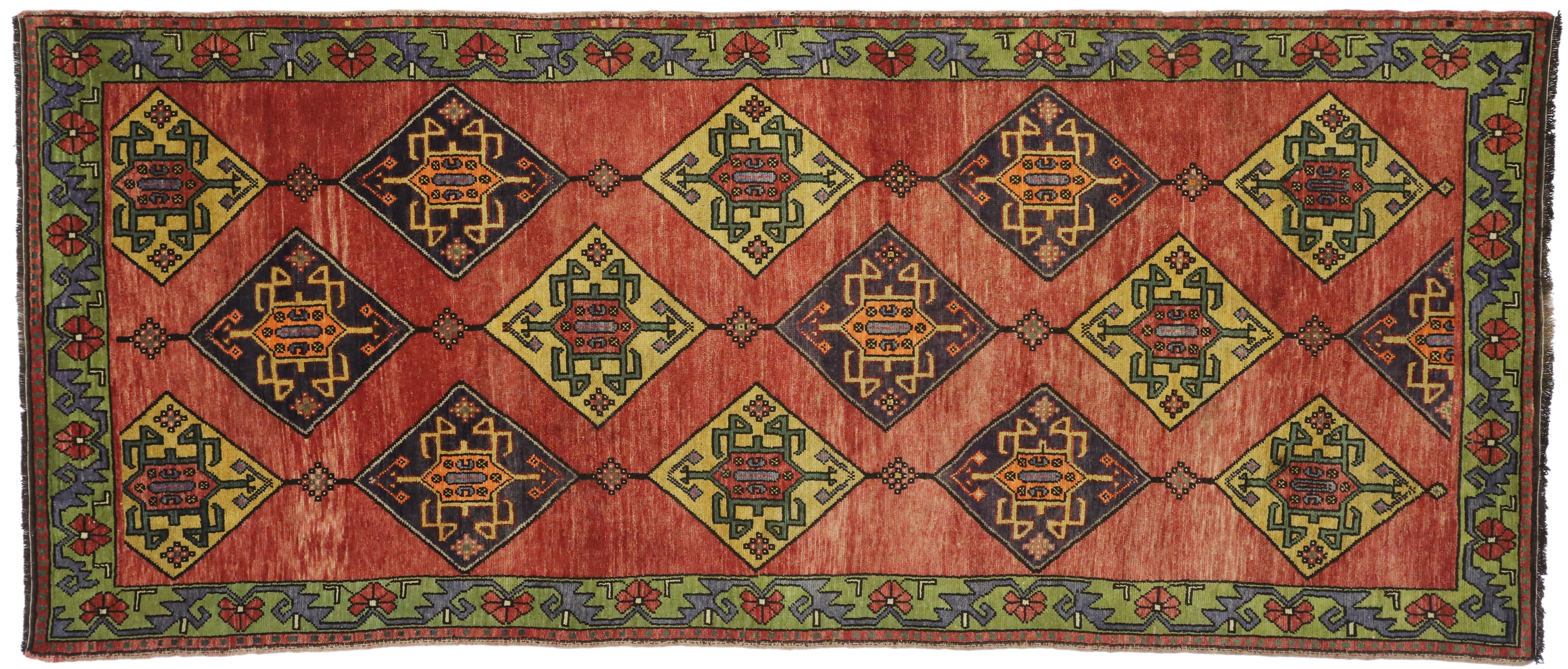 Vintage Turkish Oushak Runner with Art Deco Style, Wide Tribal Hallway Runner For Sale 2
