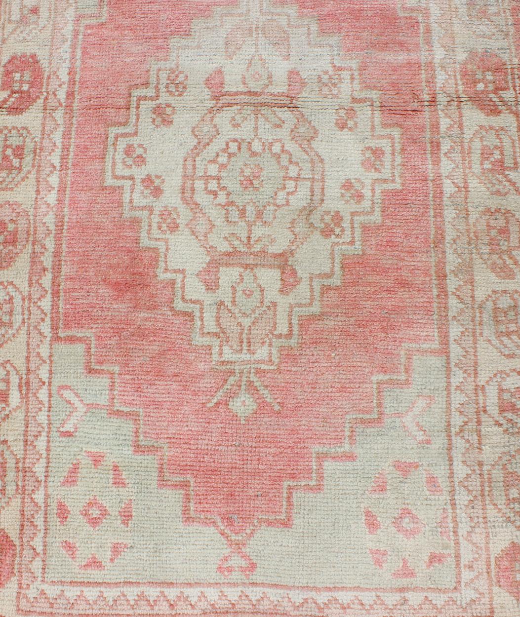 Wool Vintage Turkish Oushak Runner with Multi-Medallion Design in Muted Red and Ivory For Sale