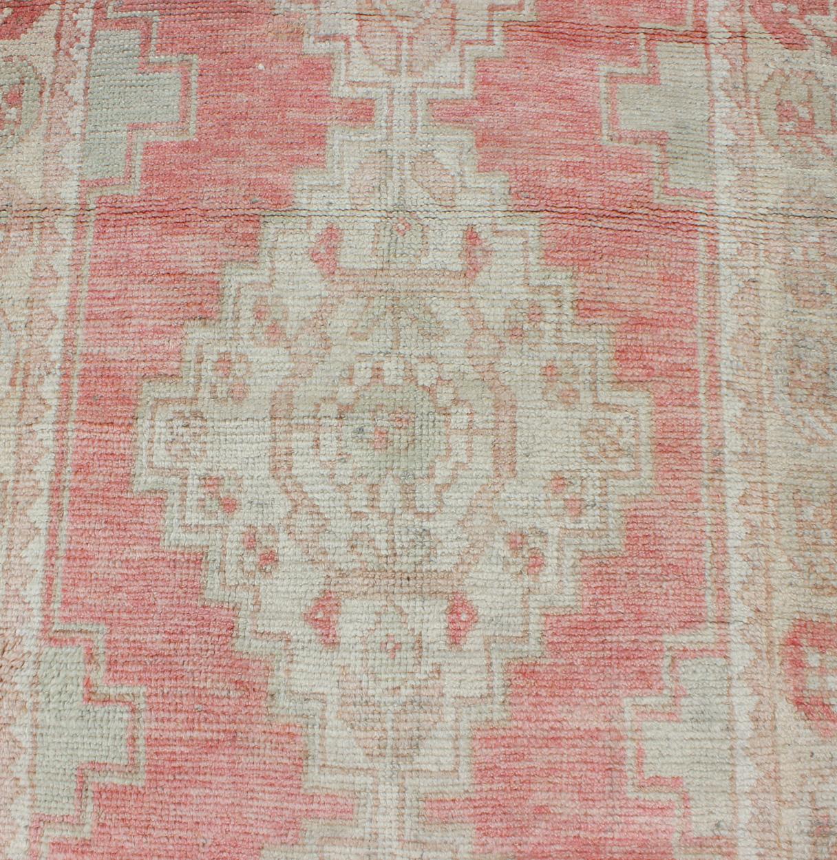 Vintage Turkish Oushak Runner with Multi-Medallion Design in Muted Red and Ivory For Sale 2